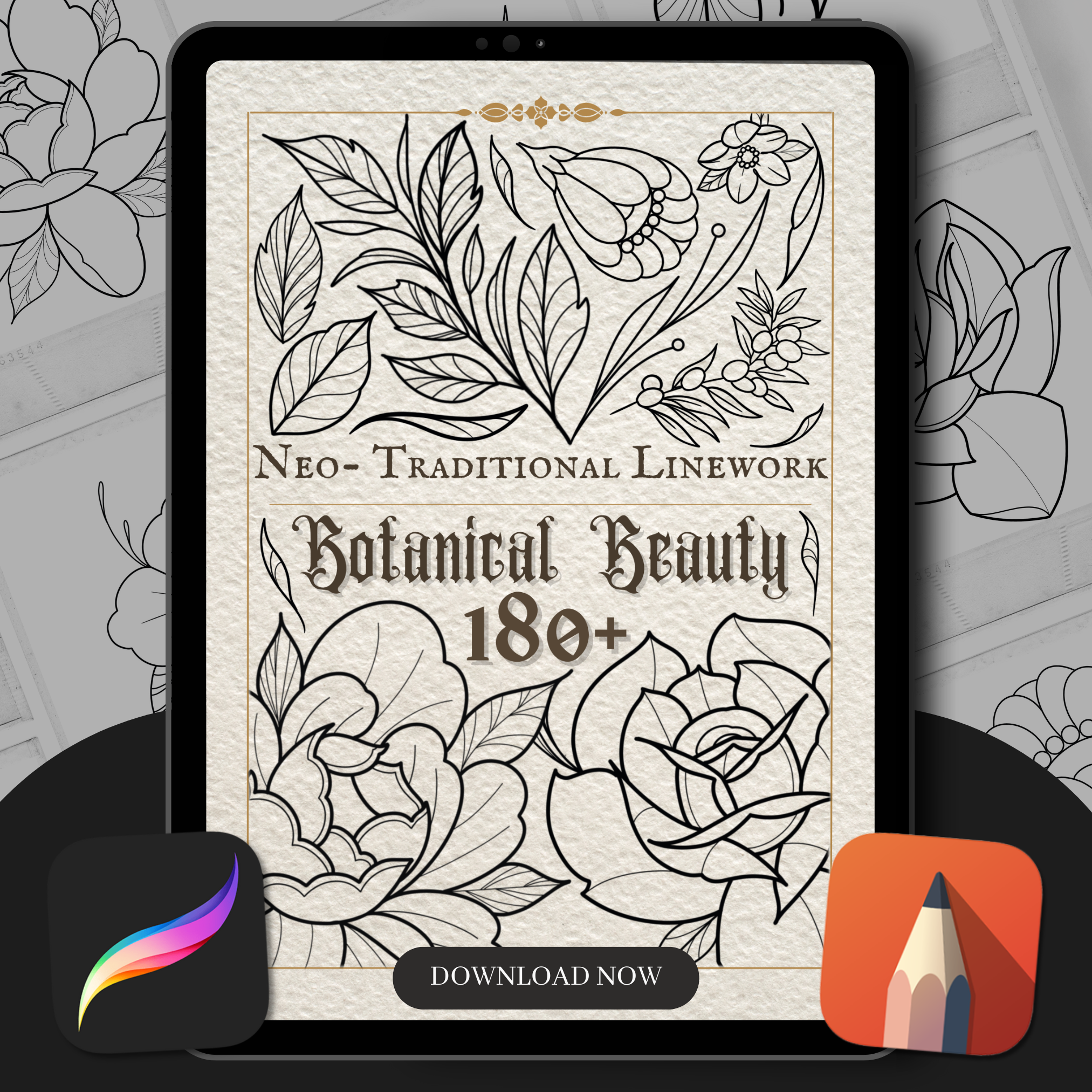 Neo-Traditional Botanical Beauty Flash Stamp Pack – Bold Floral & Nature Tattoo Designs for Procreate & Sketchbook