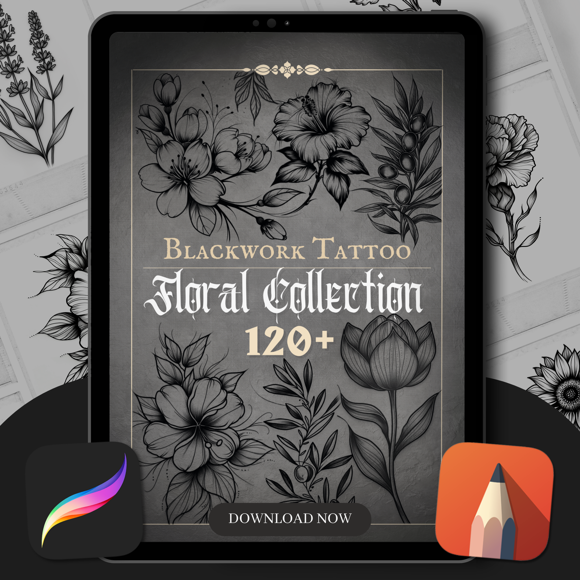 Blackwork Floral Flash Stamp Pack – Bold Floral Tattoo Designs for Procreate & Sketchbook