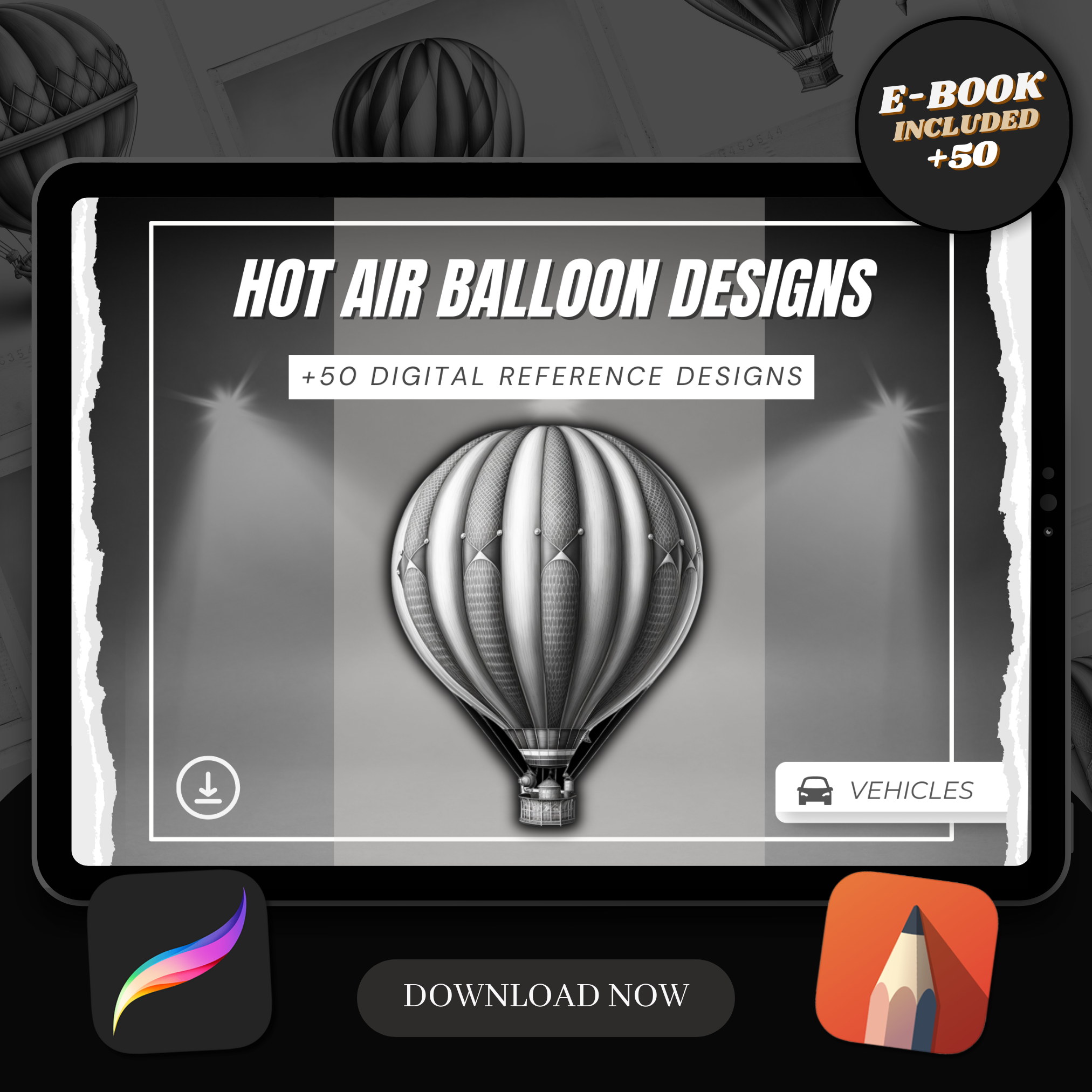 Colección de diseño digital de globos aerostáticos: 50 imágenes de Procreate y Sketchbook
