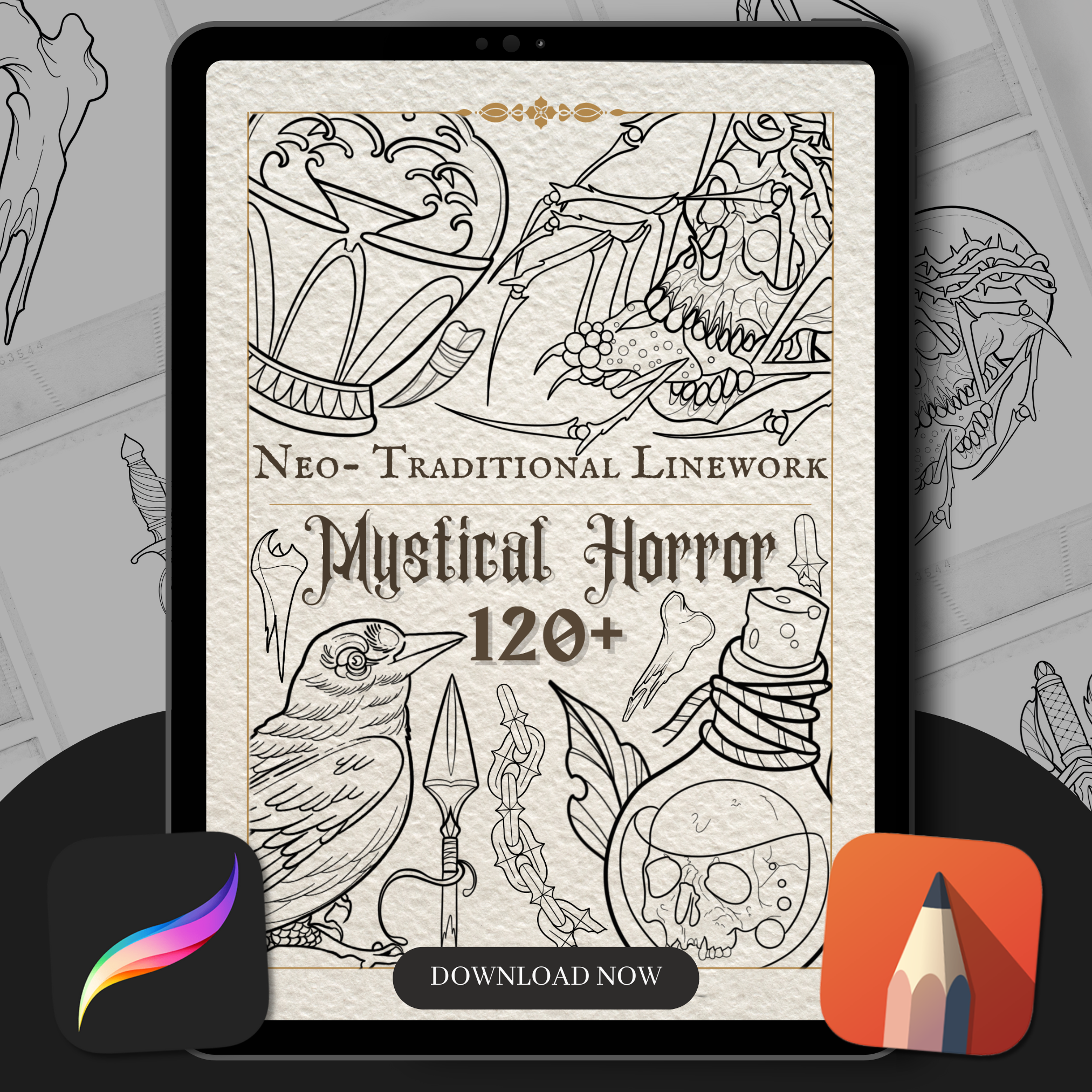 Neo-Traditional Mystic Horror Flash Stamp Pack – Dark & Mysterious Tattoo Designs for Procreate & Sketchbook