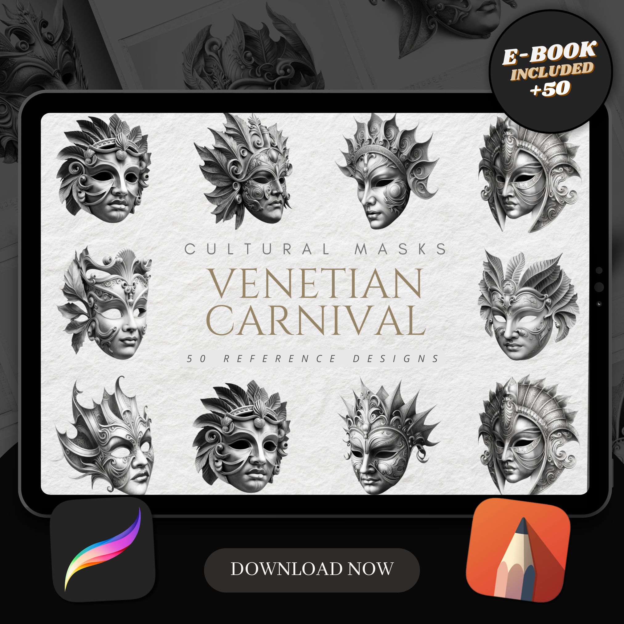Colección de diseños de referencia digital de máscaras de carnaval venecianas: 50 imágenes de Procreate y Sketchbook