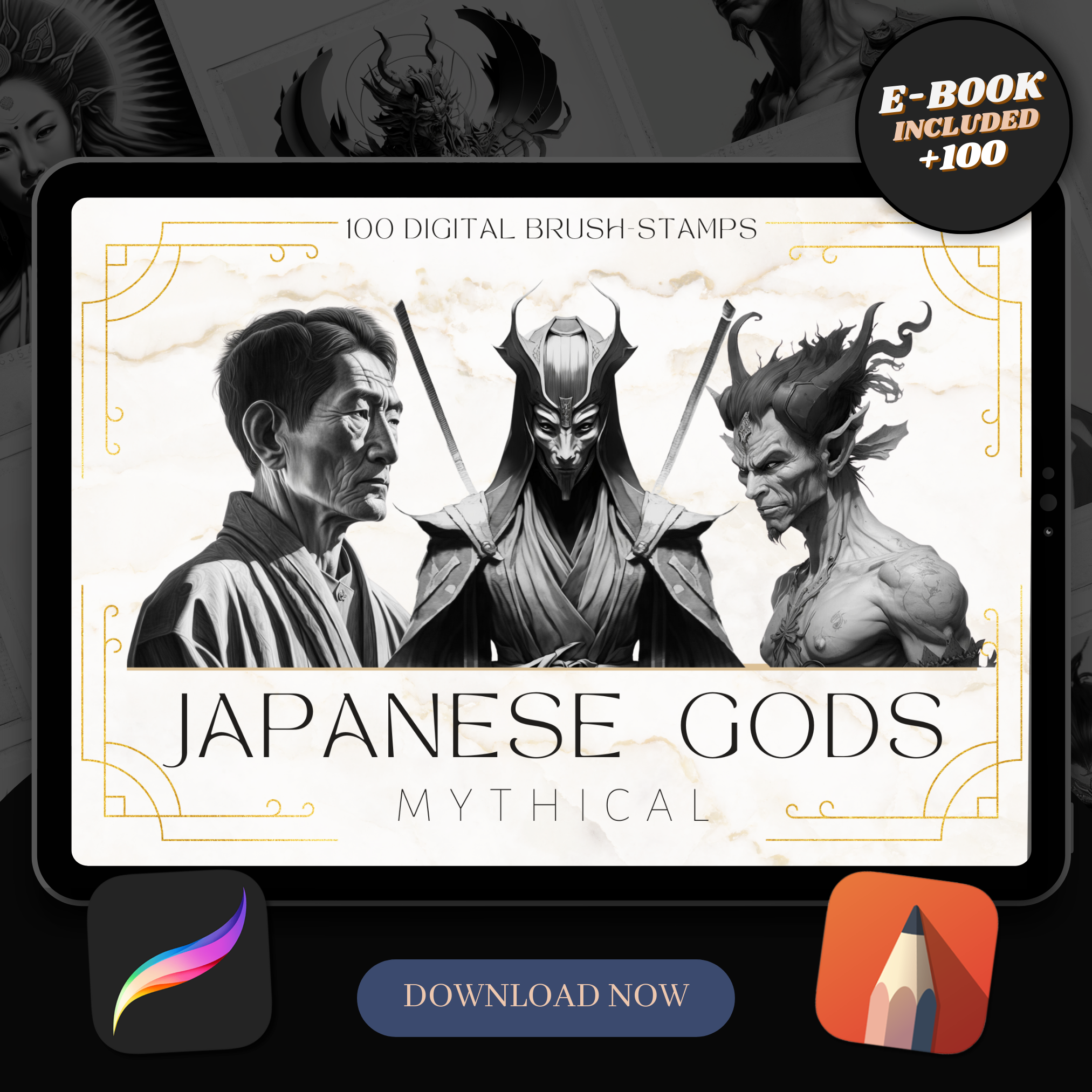 Colección de diseño digital de dioses japoneses: 50 imágenes de Procreate y Sketchbook