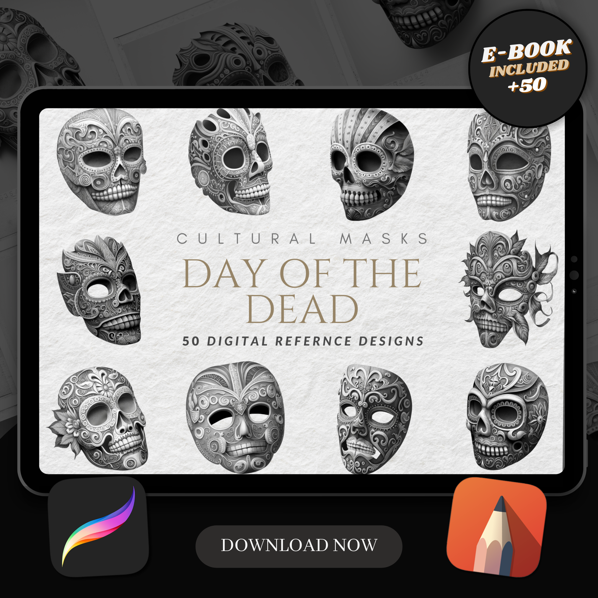Colección de diseños de referencia digital de máscaras del Día de Muertos: 50 imágenes de Procreate y Sketchbook