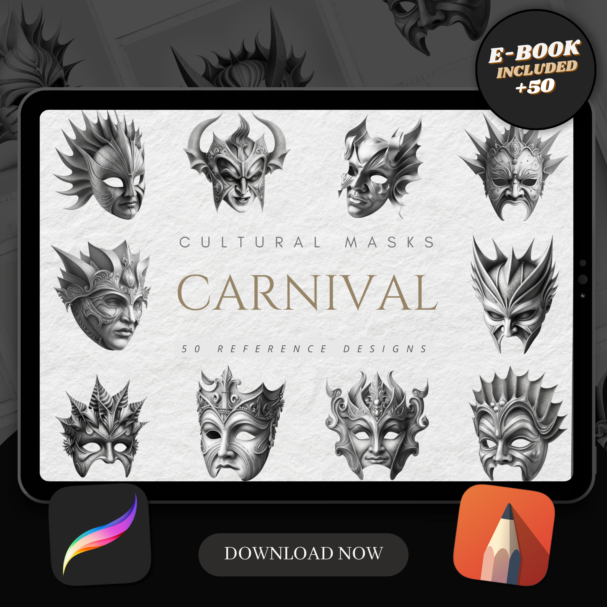 Digitale Referenzdesignsammlung für Karnevalsmasken: 50 Procreate- und Skizzenbuchbilder