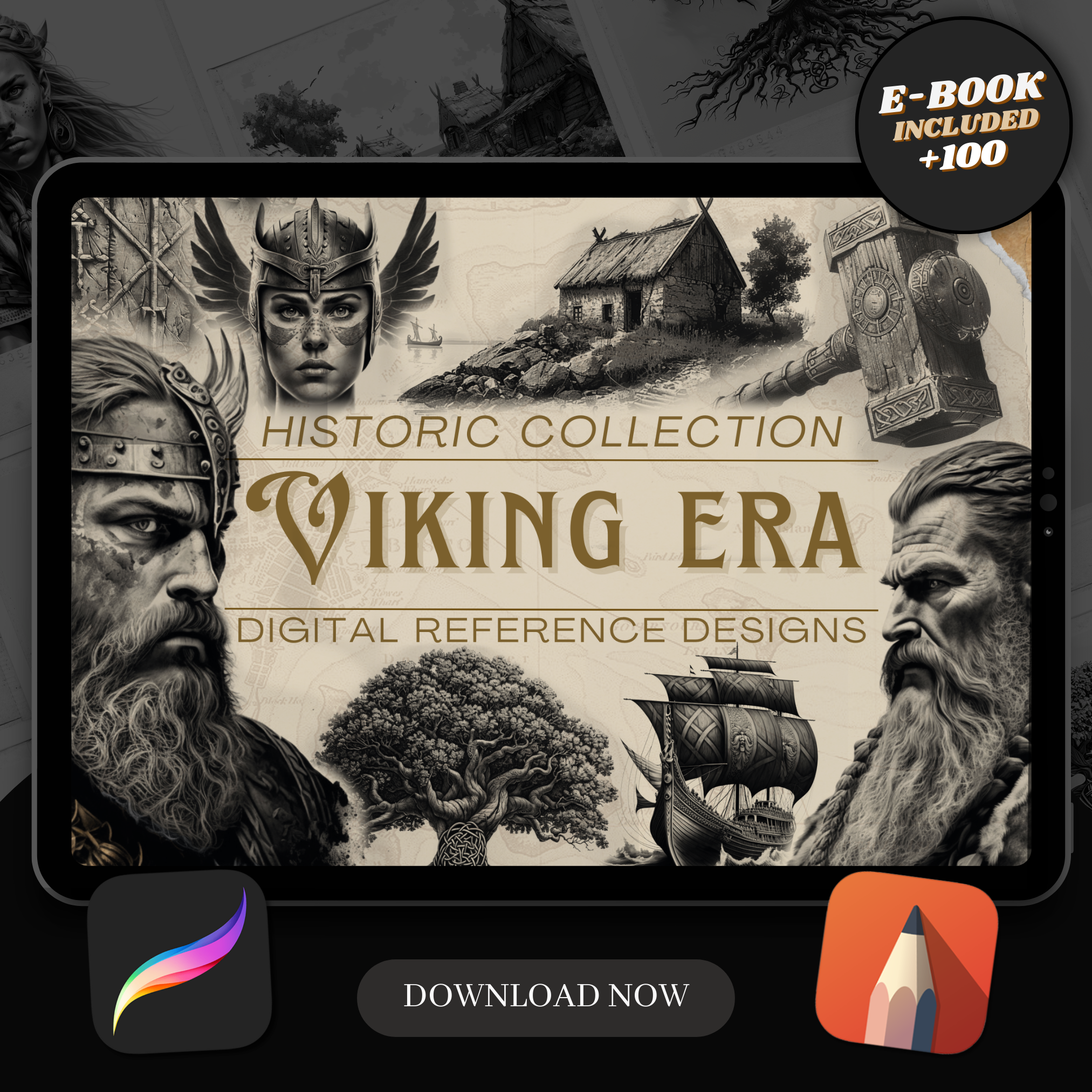 Colección de diseño digital de la era vikinga: 100 imágenes de Procreate y Sketchbook