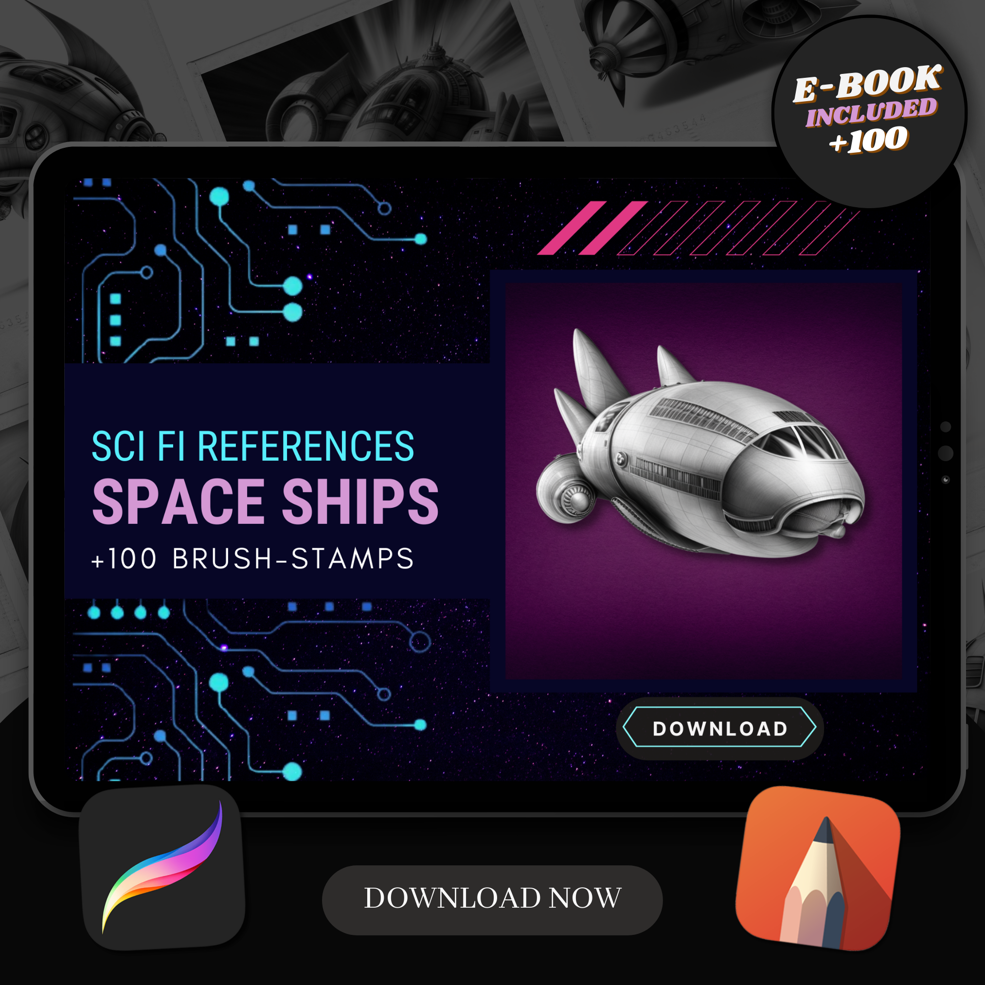 Digitale Sci-Fi-Designsammlung „Raumschiffe“: 100 Procreate- und Skizzenbuchbilder