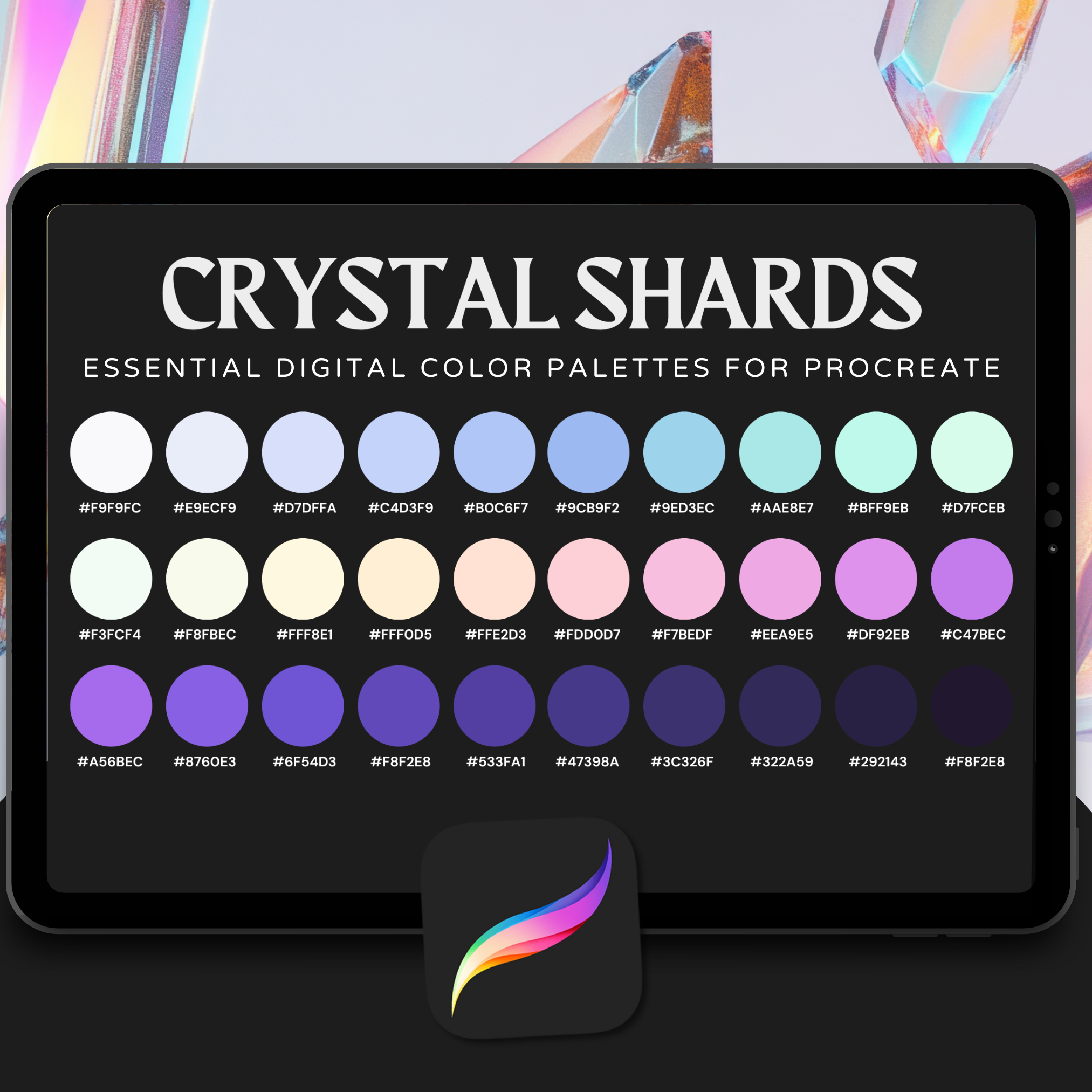 Crystal Shards Color Palette for Procreate – Gemstone Fantasy Tones + Hex Chart