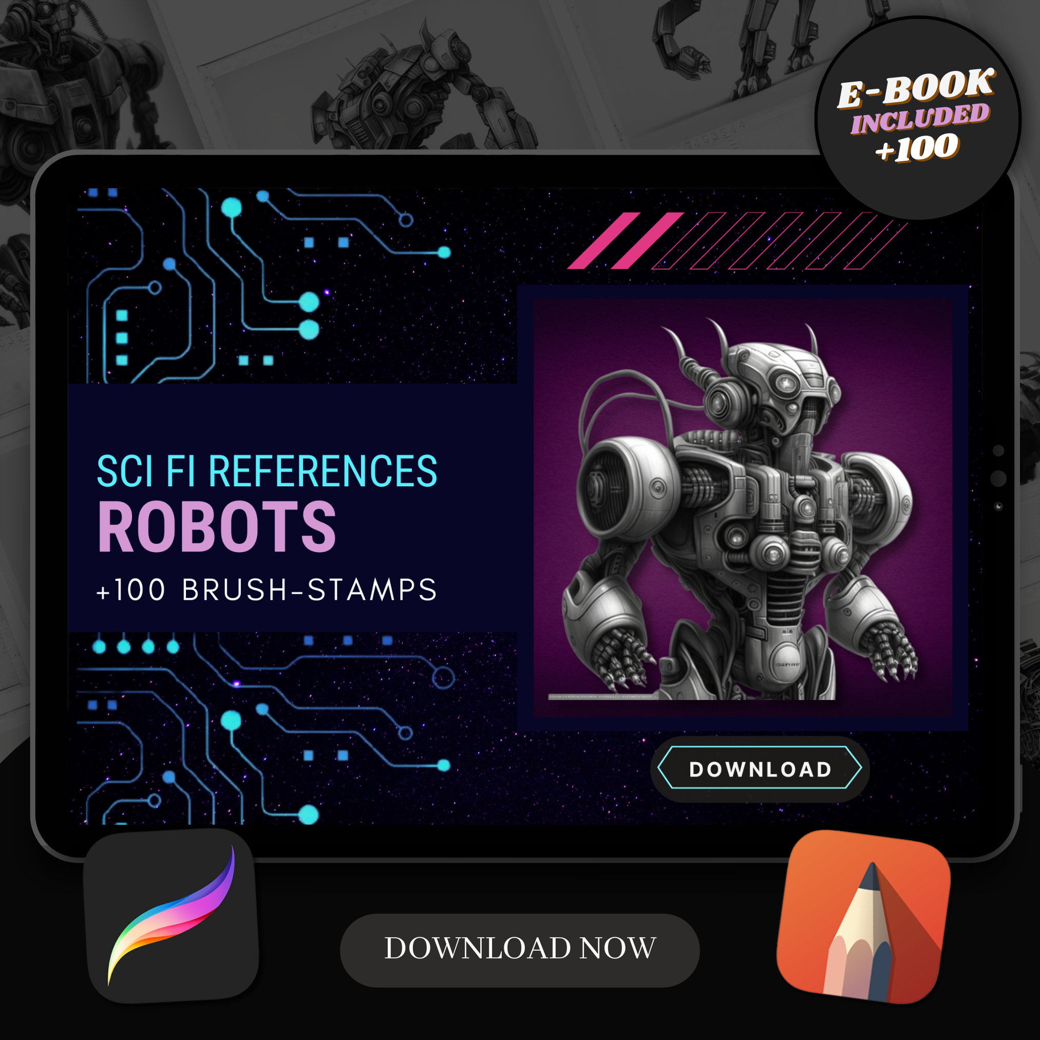 Robots Digital Sci-Fi Design Collection: 100 Procreate & Sketchbook Images