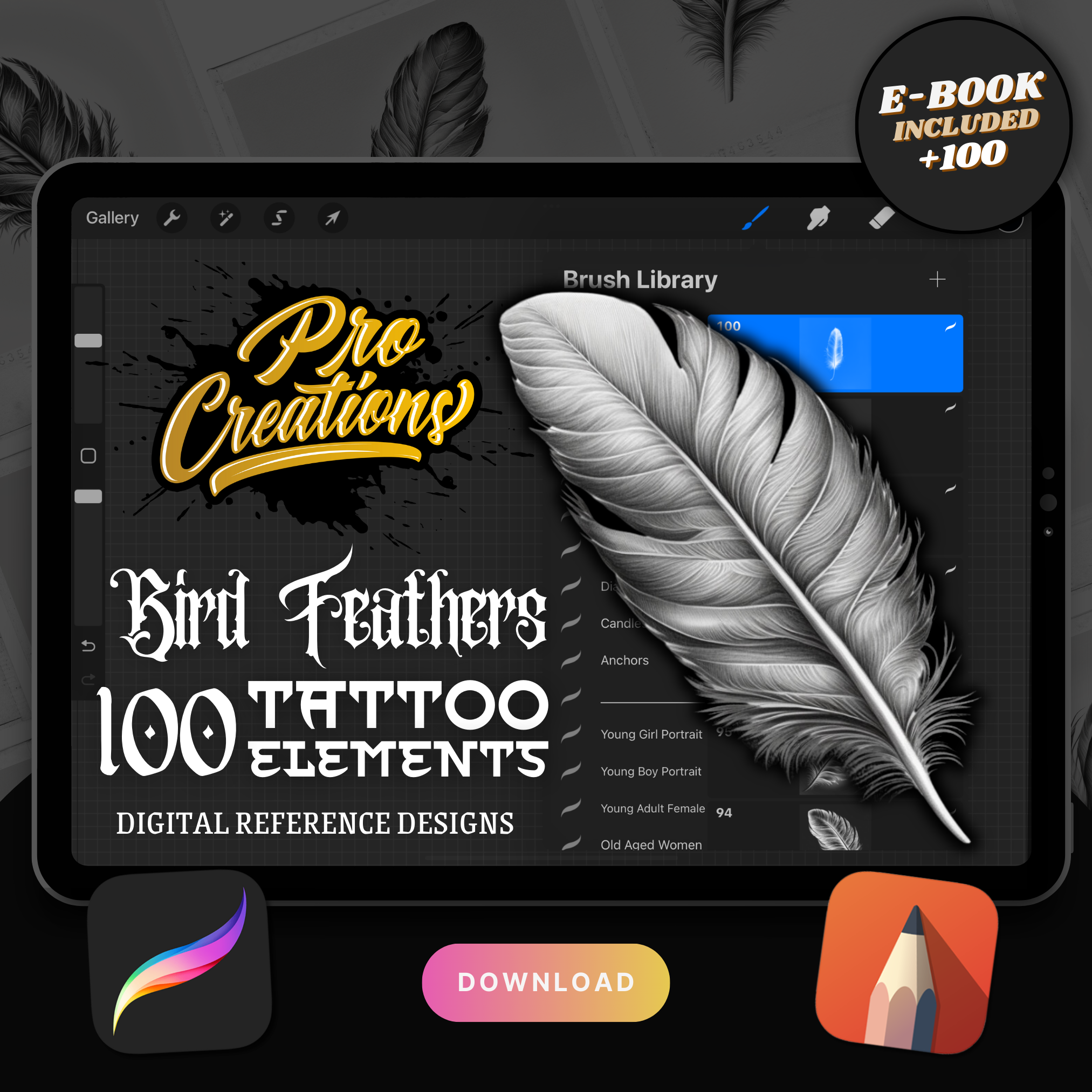 Federn Digitale Tattoo-Element-Design-Kollektion: 100 Procreate- und Skizzenbuch-Bilder