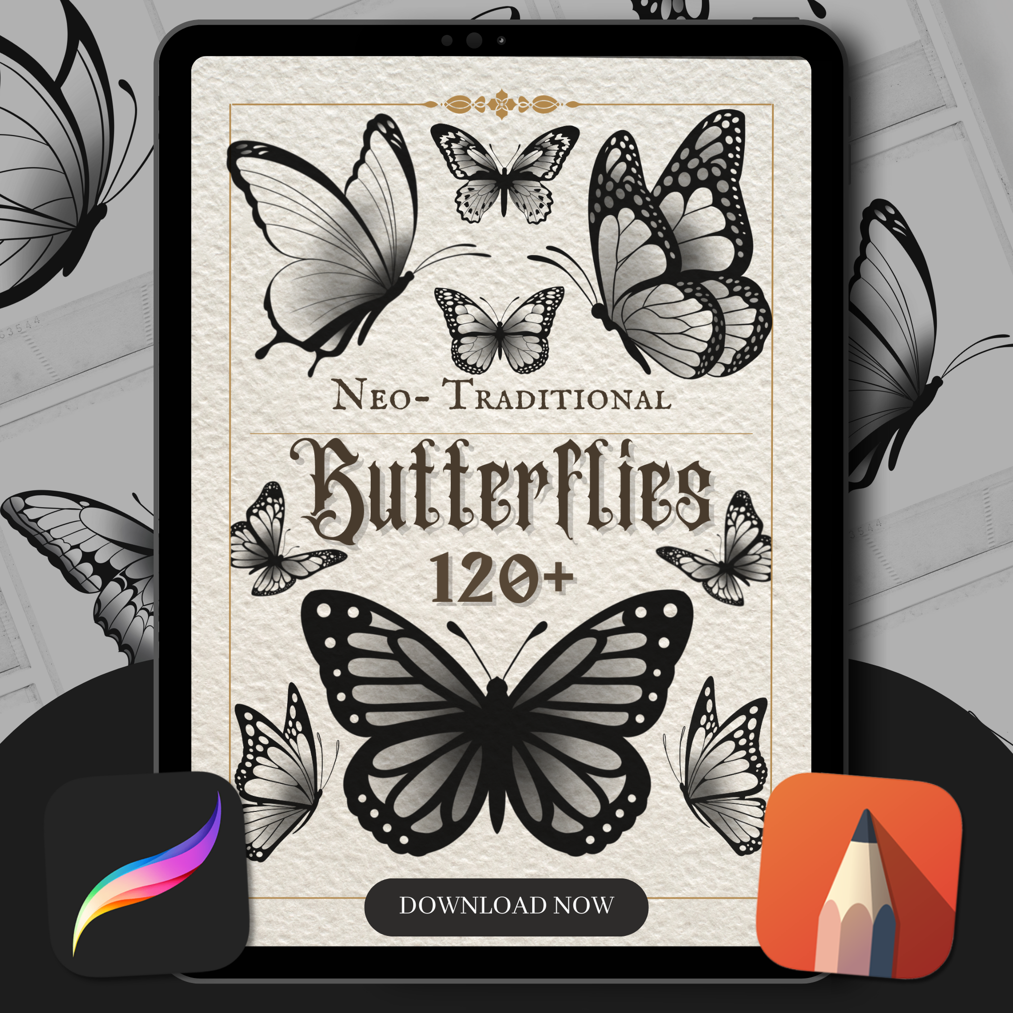 Neo-Traditional Butterflies Flash Stamp Pack – Bold Butterfly Tattoo Designs for Procreate & Sketchbook