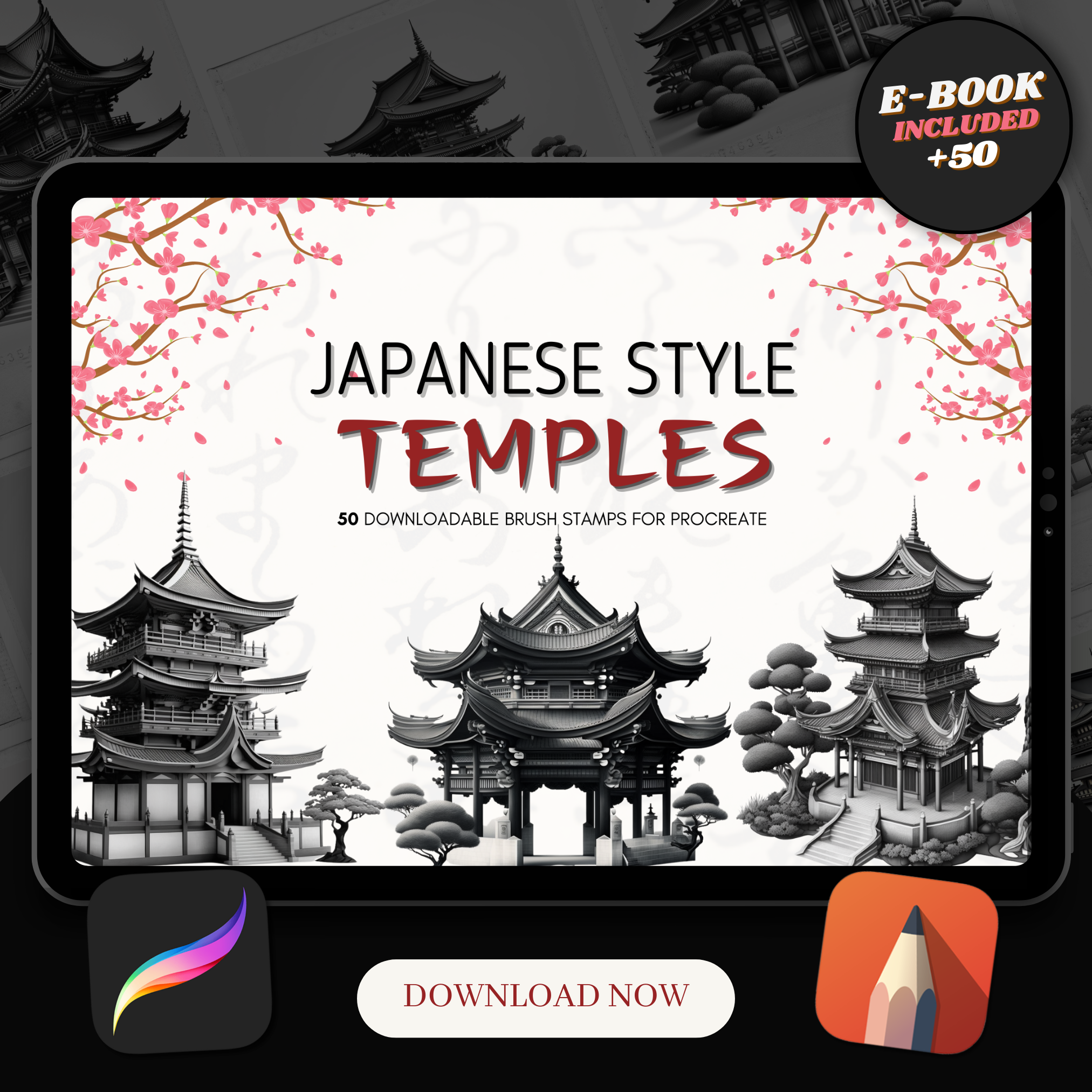 Japanese Temples Digital Reference Design Collection: 50 Procreate & Sketchbook Images