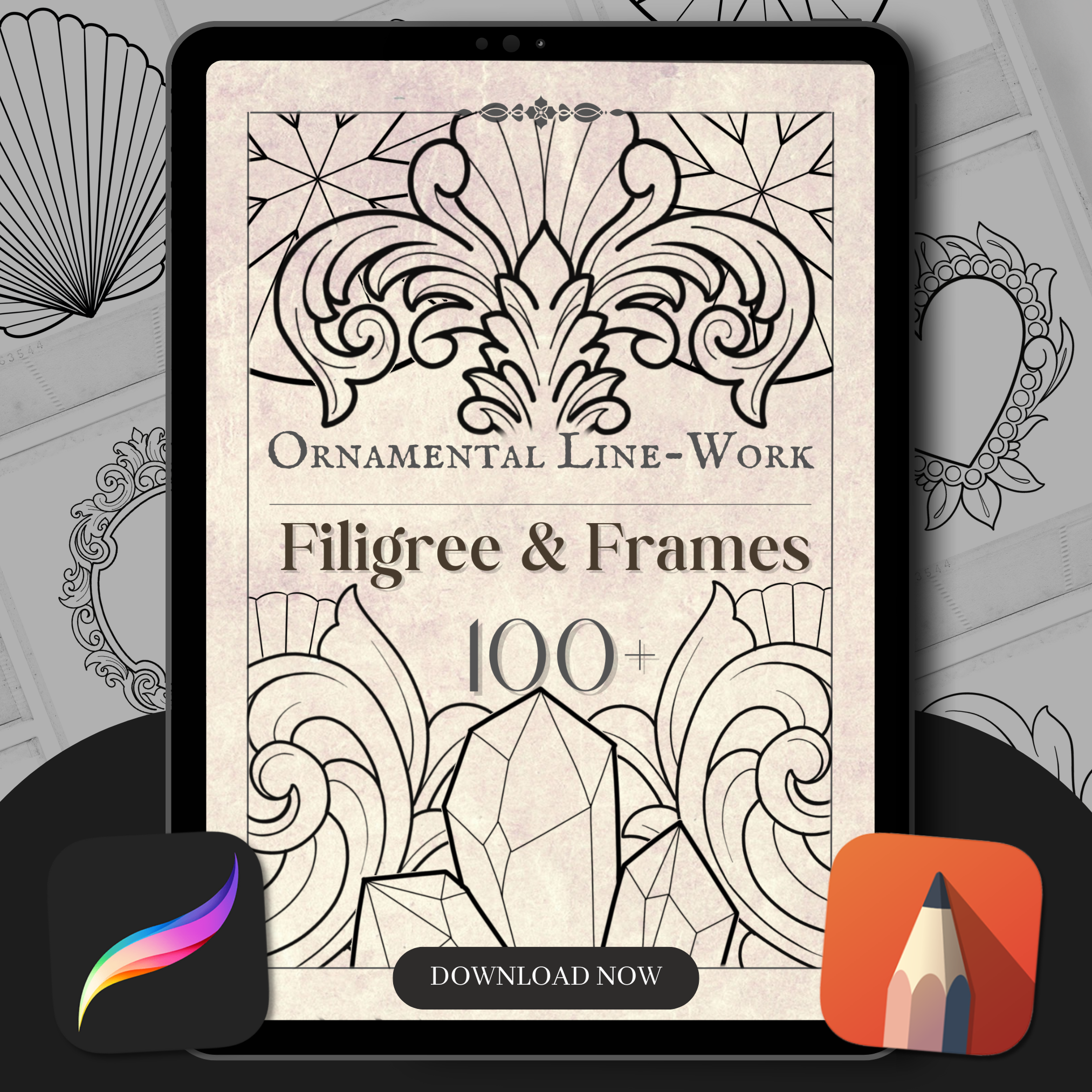 Ornamental Filigree & Frames Flash Stamp Pack – Elegant Ornamental Tattoo Designs for Procreate & Sketchbook