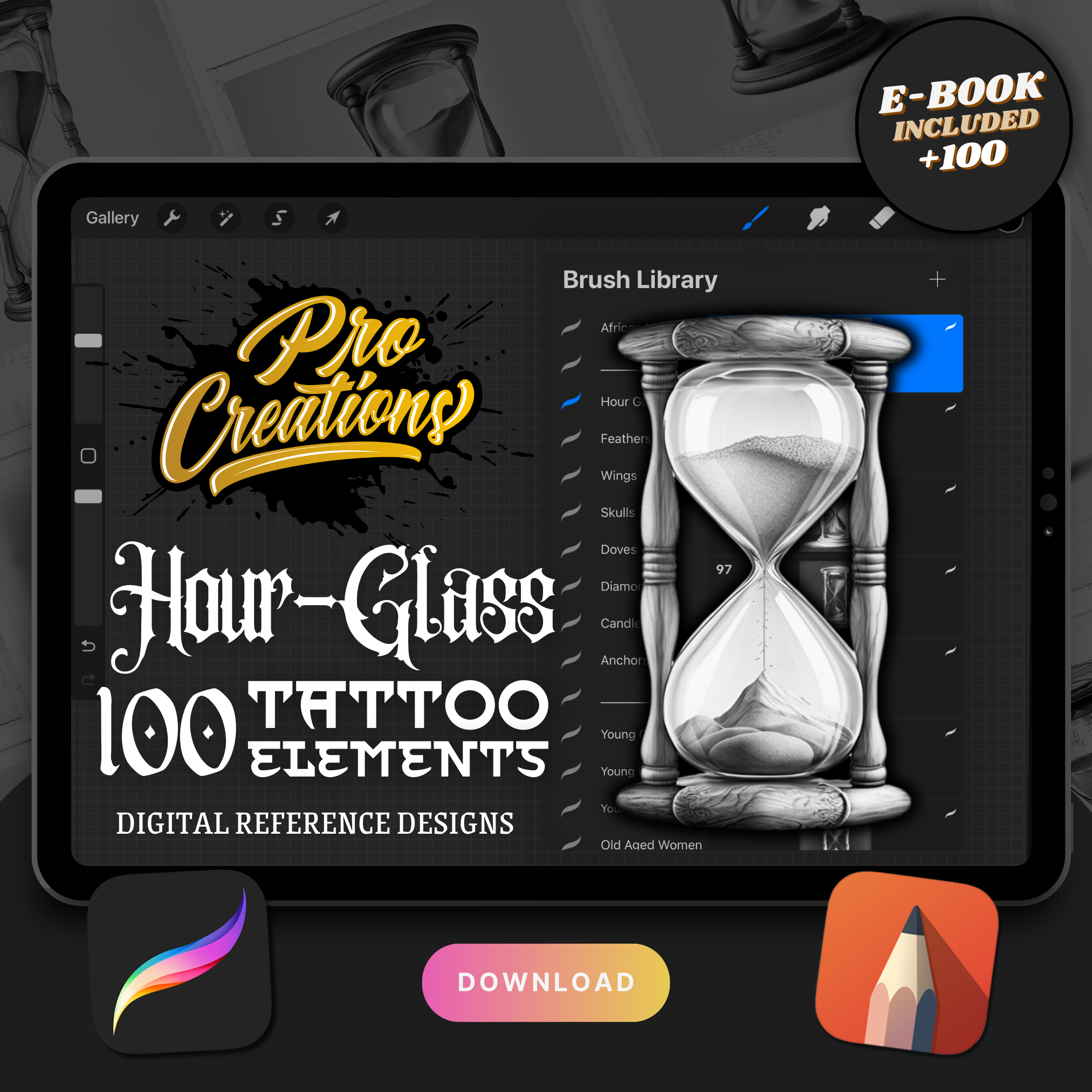 Colección de diseño de elementos de tatuaje digital Hourglass: 100 imágenes de Procreate y Sketchbook