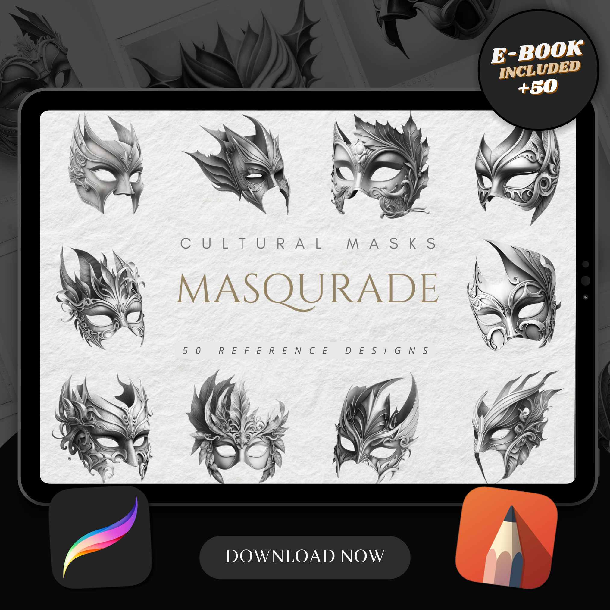Colección de diseños de referencia digital de máscaras de mascarada: 50 imágenes de Procreate y Sketchbook