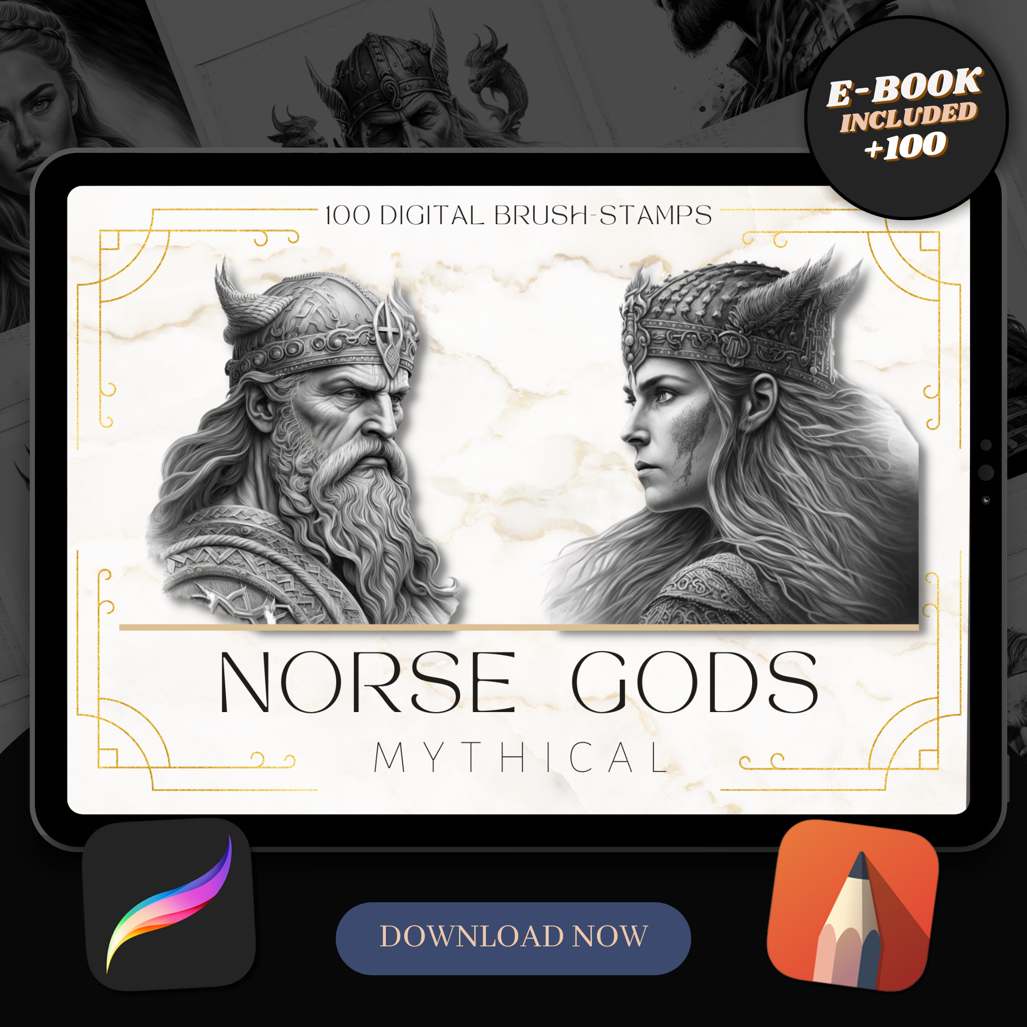Digitale Designsammlung nordischer Götter: 50 Procreate- und Skizzenbuchbilder