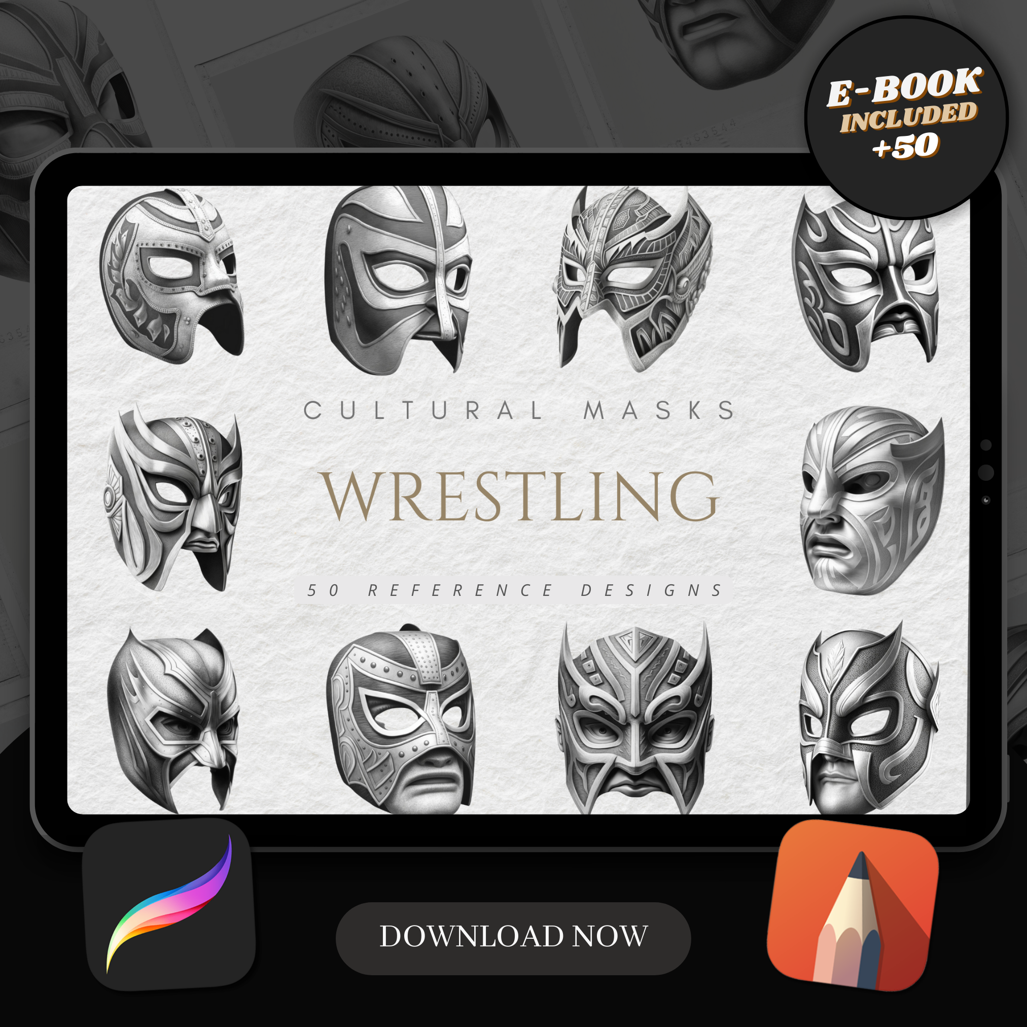 Digitale Referenzdesignsammlung für Wrestling-Masken: 50 Procreate- und Skizzenbuchbilder