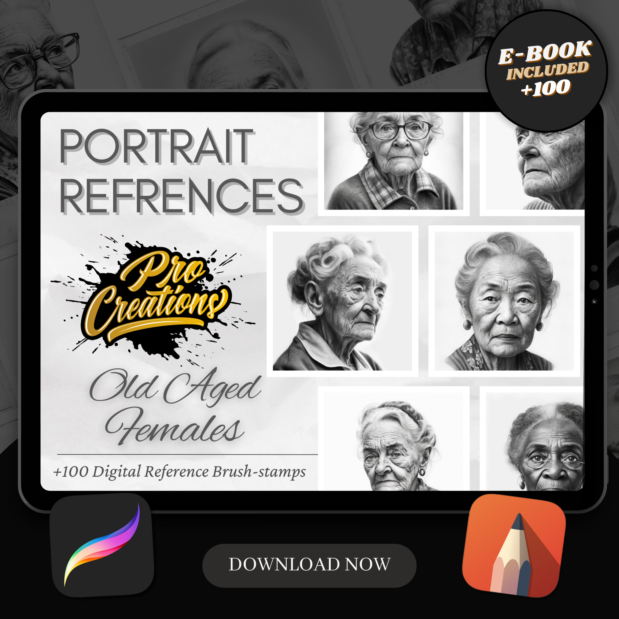 Colección de diseño digital de retratos de mujeres de edad avanzada: 100 imágenes de Procreate y Sketchbook