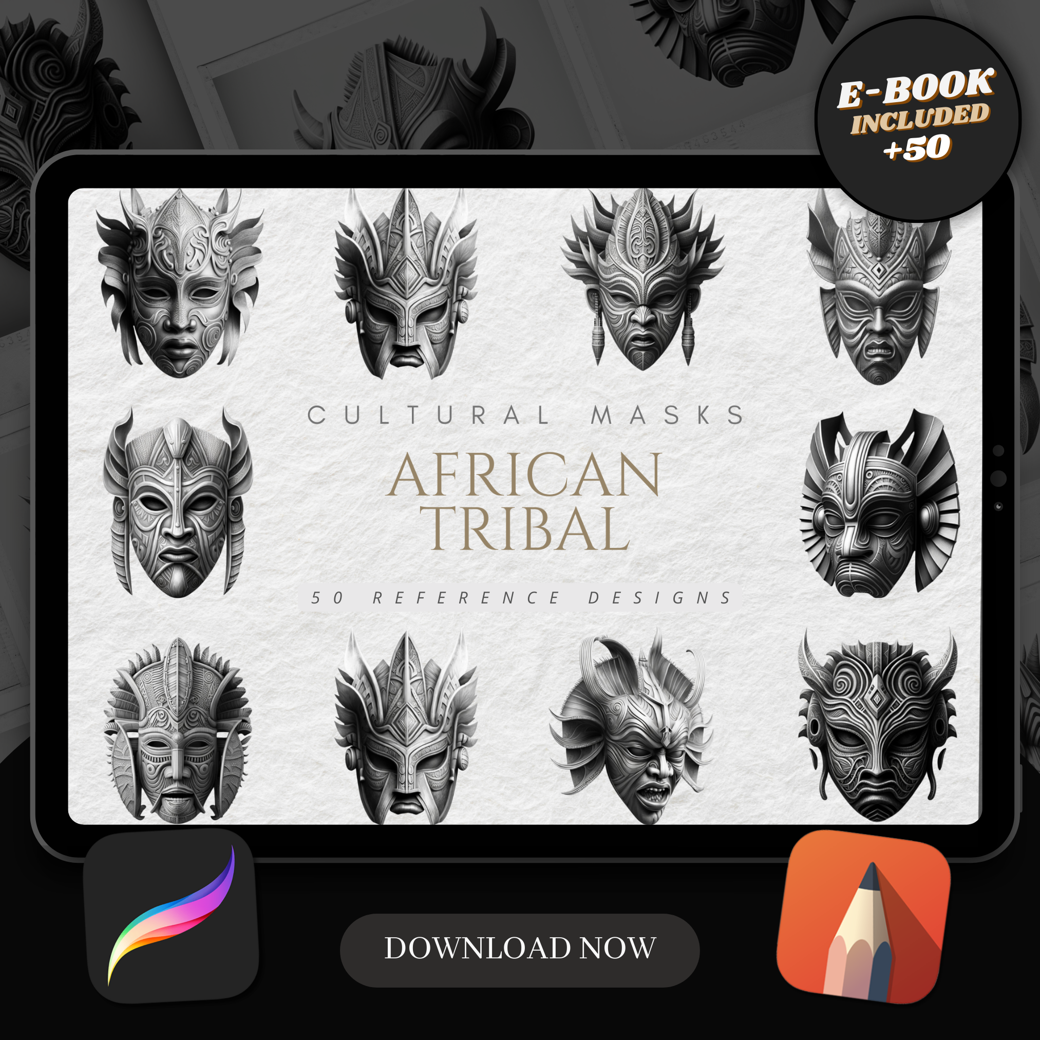 Digitale Referenzdesignsammlung afrikanischer Kulturmasken: 50 Procreate- und Skizzenbuchbilder
