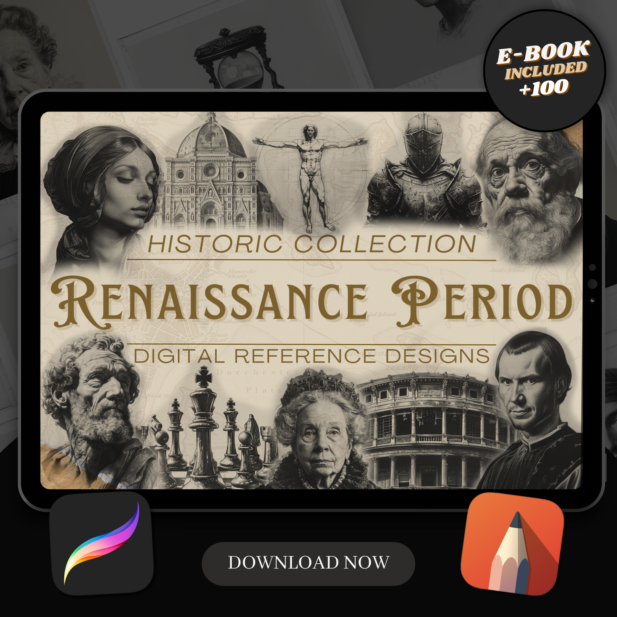 Digitale Designsammlung aus der Renaissance: 100 Procreate- und Skizzenbuchbilder
