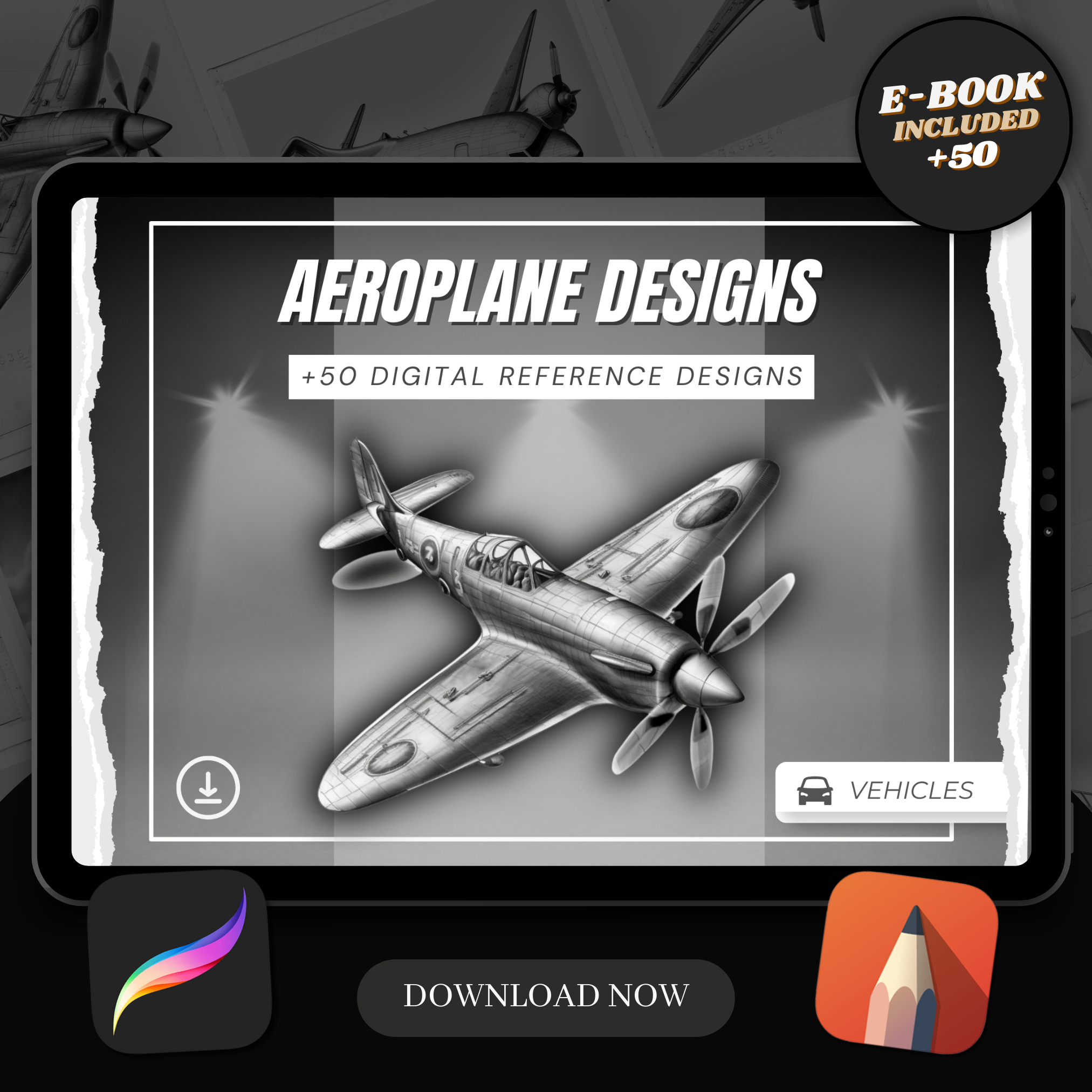 Digitale Designsammlung „Flugzeuge“: 50 Procreate- und Skizzenbuchbilder