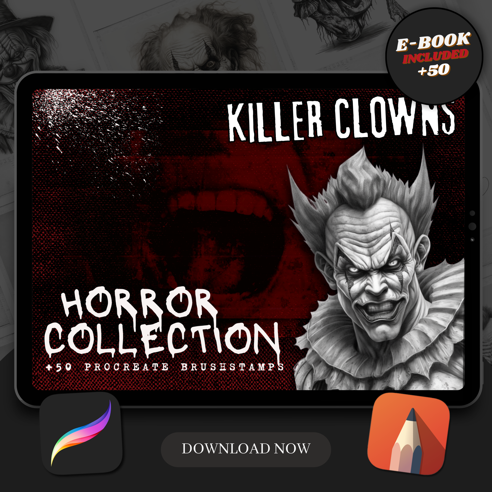 Killer Clowns Digitale Horror-Design-Sammlung: 50 Procreate- und Skizzenbuch-Bilder