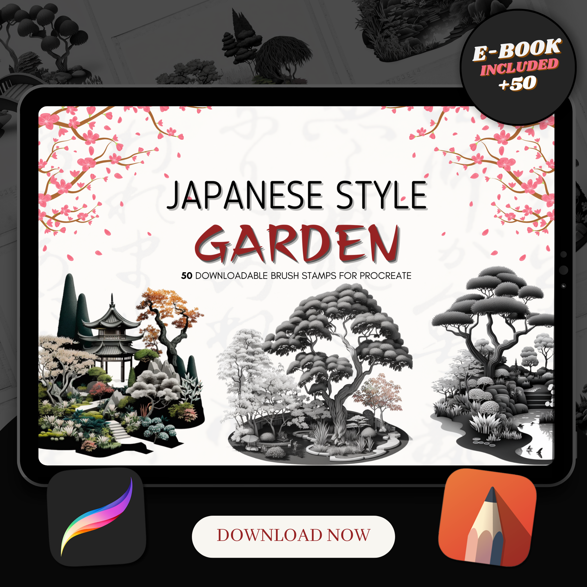 Colección de diseño de referencia digital de jardines japoneses: 50 imágenes de Procreate y Sketchbook