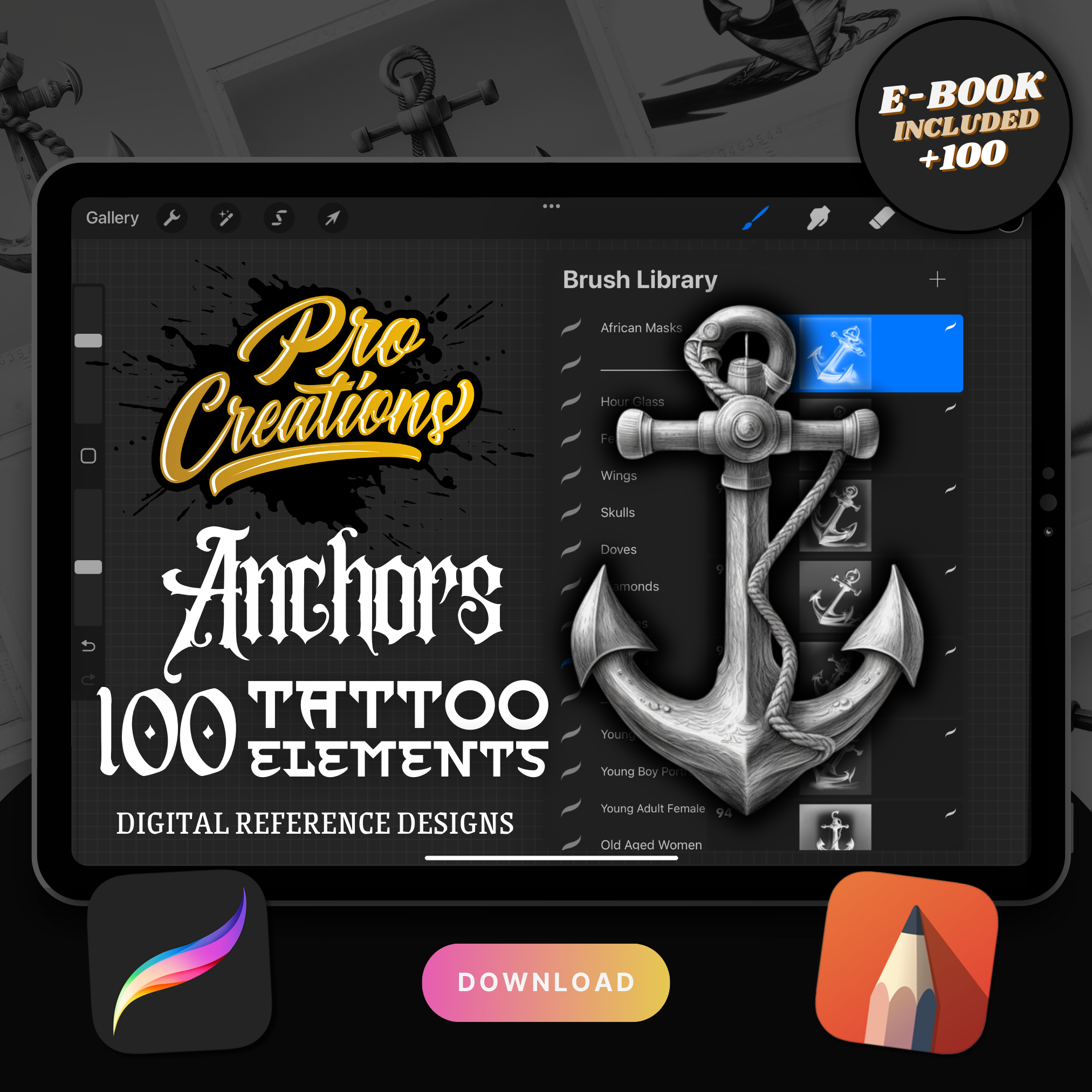 Anchors Digital Tattoo Element Design Collection: 100 Procreate & Sketchbook Images