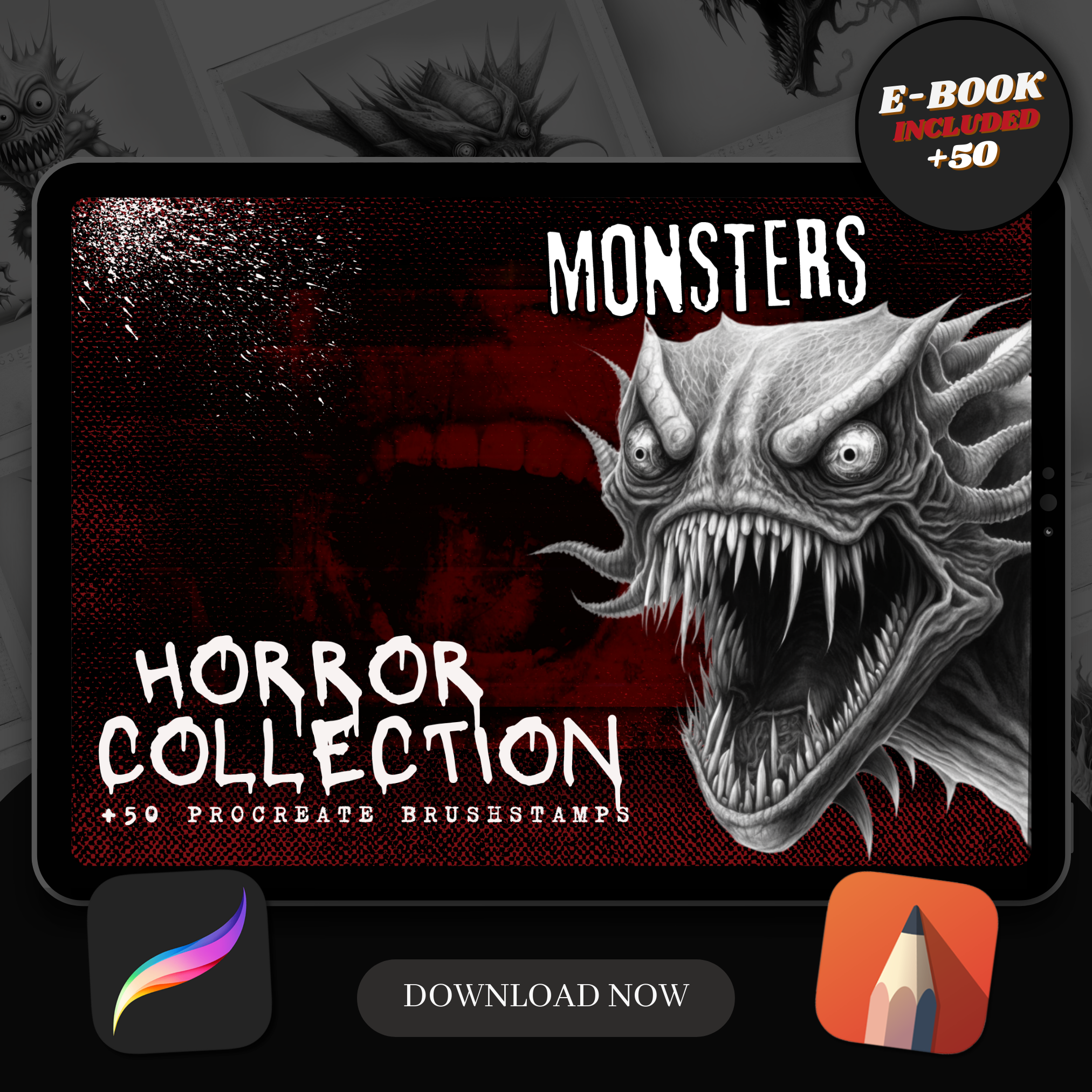 Colección de diseños de terror digital Monsters: 50 imágenes de Procreate y Sketchbook