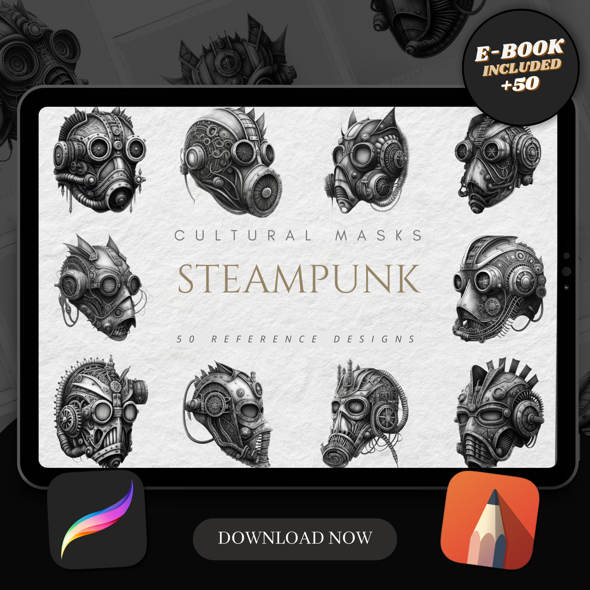 Steampunk Masks Digital Reference Design Collection: 50 Procreate & Sketchbook Images