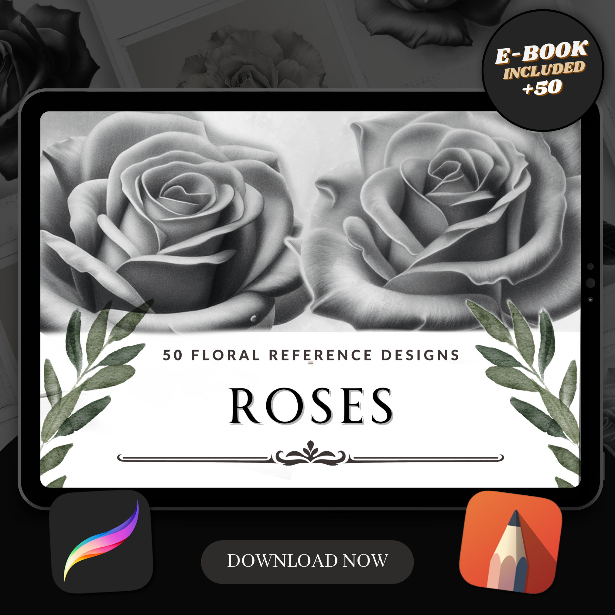 Digitale Designsammlung „Roses“: 50 Procreate- und Skizzenbuchbilder