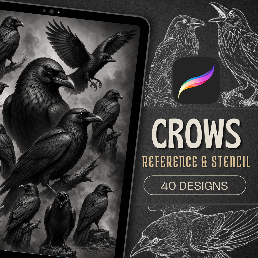 Crows Procreate Brush Set | 40 Tattoo Designs + Stencils