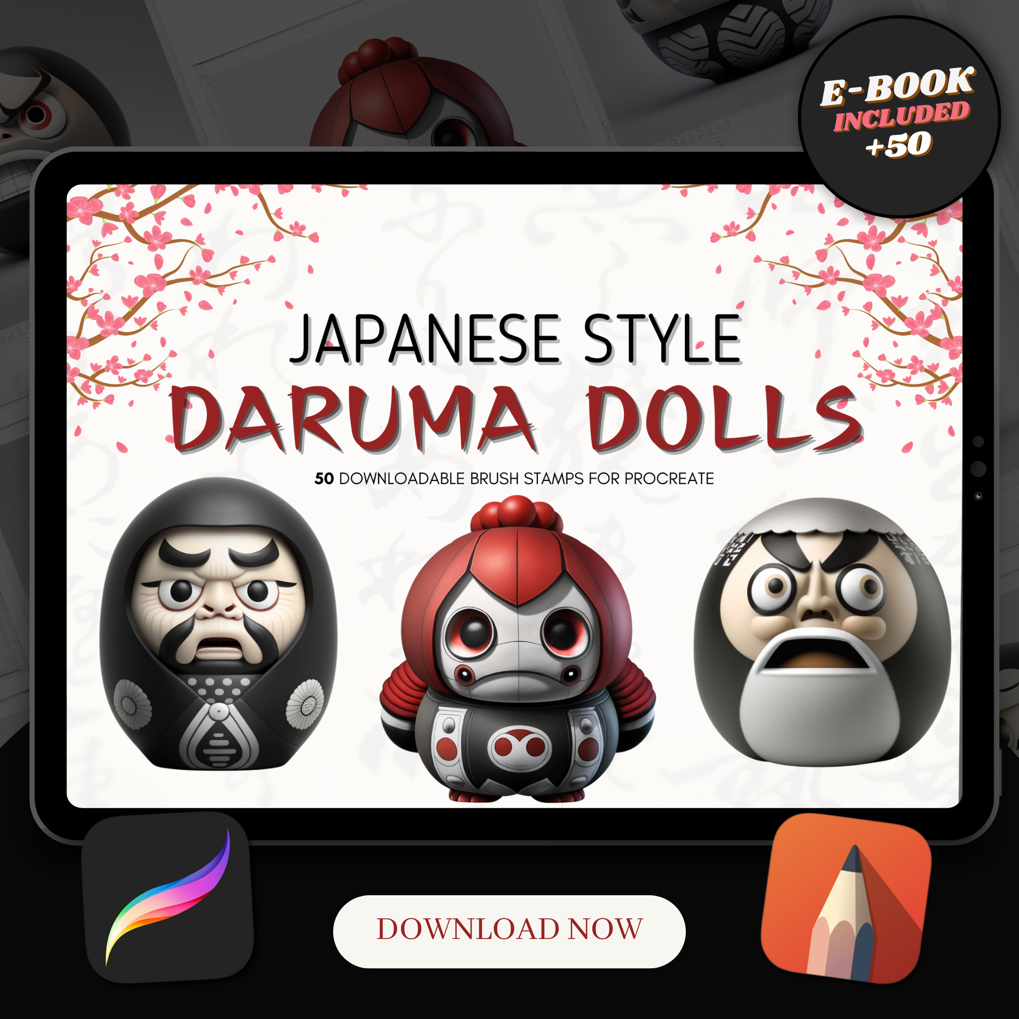 Digitale Referenzdesignsammlung für Daruma-Puppen: 50 Procreate- und Skizzenbuchbilder