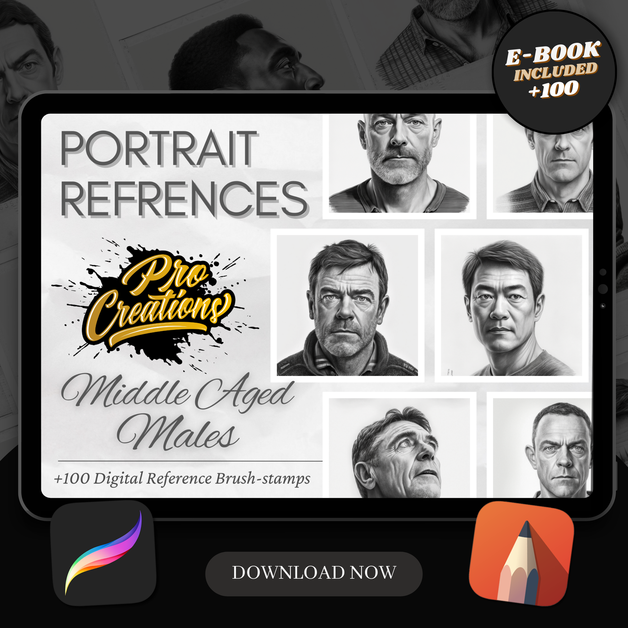 Colección de diseño digital de retratos de hombres de mediana edad: 100 imágenes de Procreate y Sketchbook