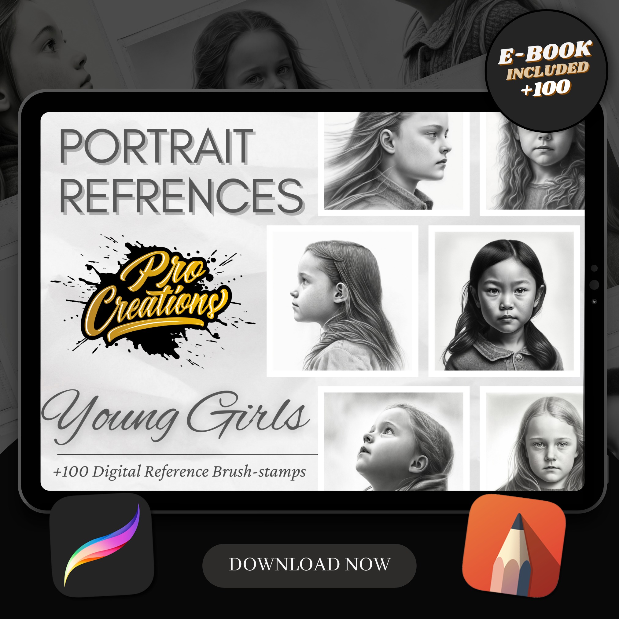 Digitale Designsammlung „Porträts junger Mädchen“: 100 Procreate- und Skizzenbuchbilder