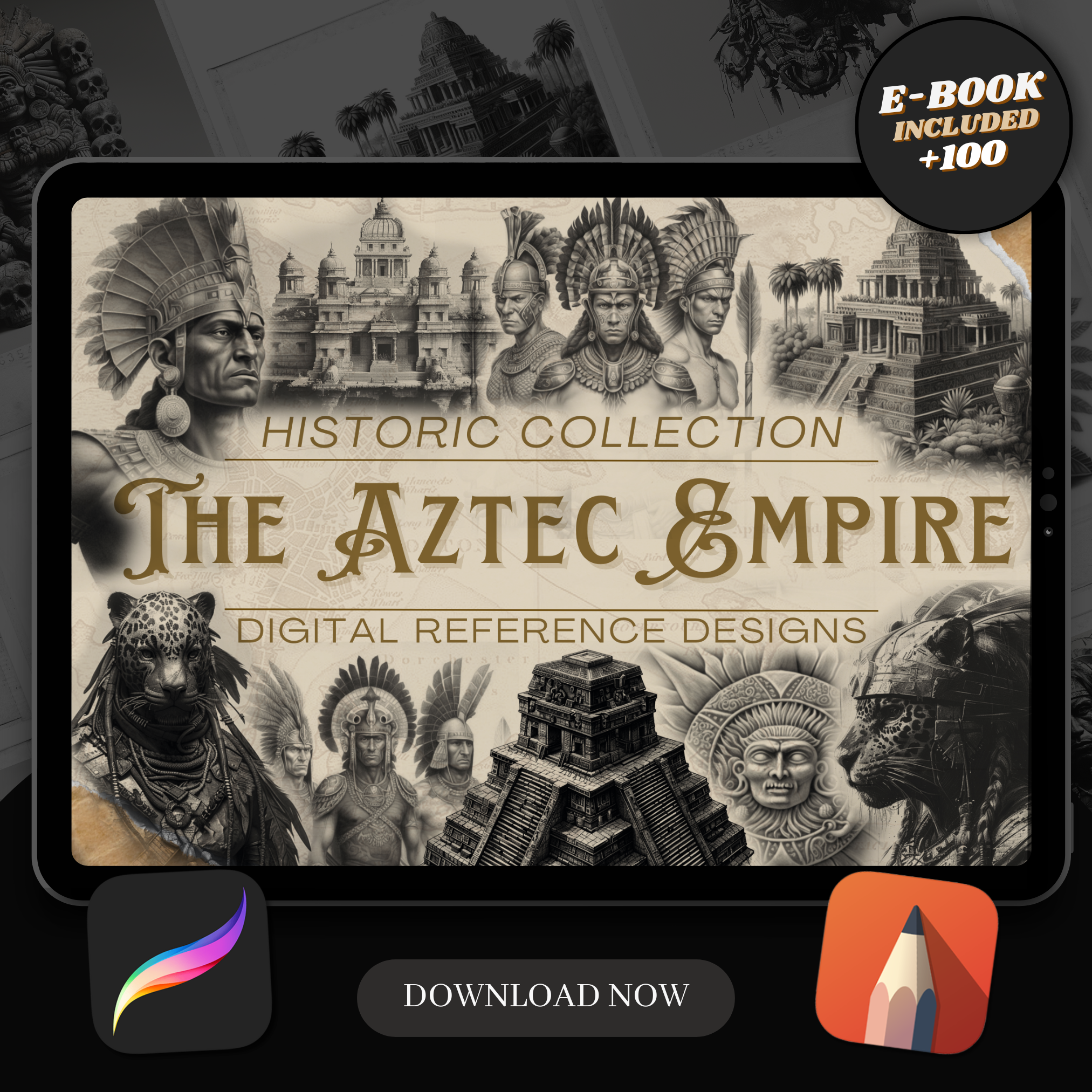 Colección de diseño digital del Imperio Azteca: 100 imágenes de Procreate y Sketchbook