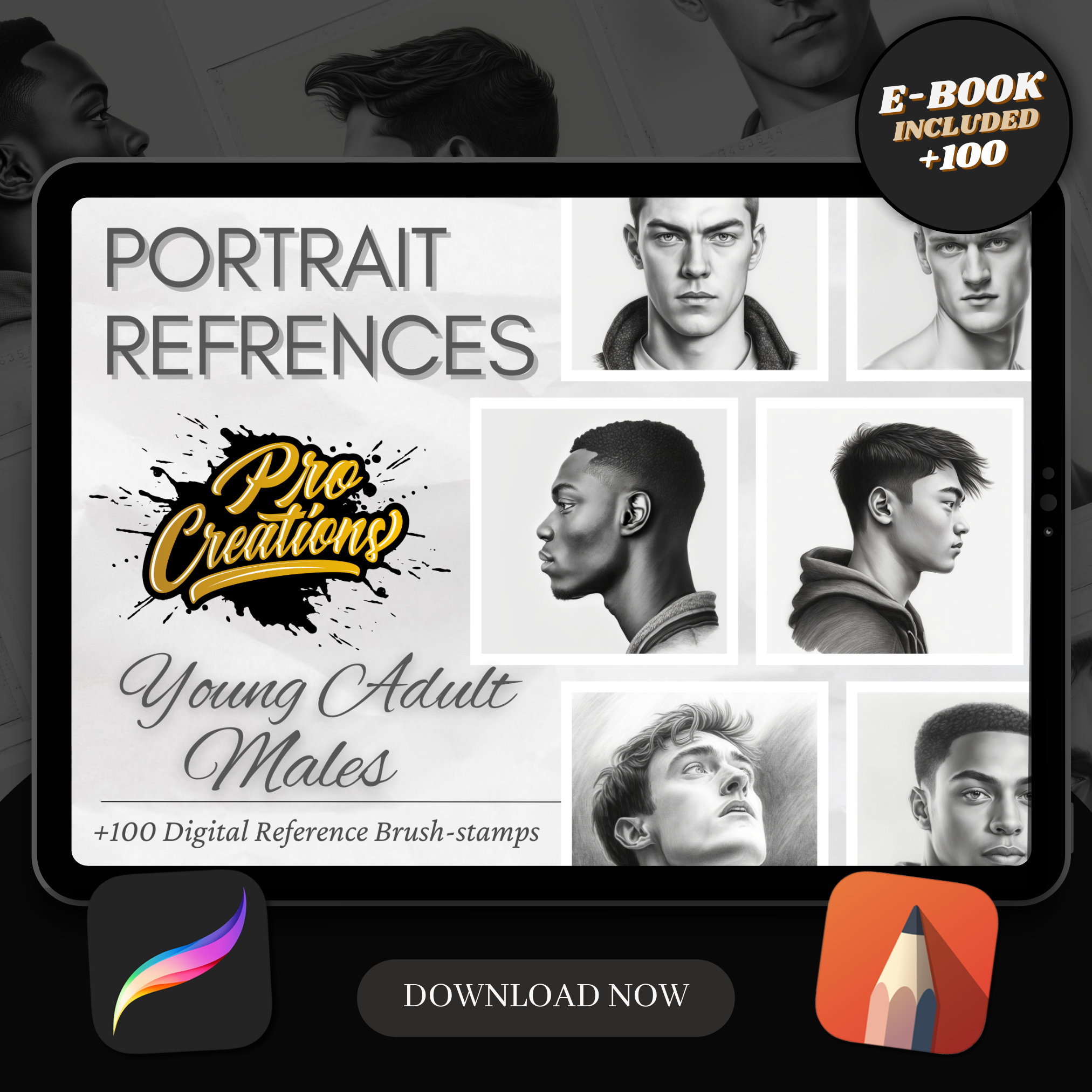 Digitale Designsammlung mit Porträts junger erwachsener Männer: 100 Procreate- und Skizzenbuchbilder