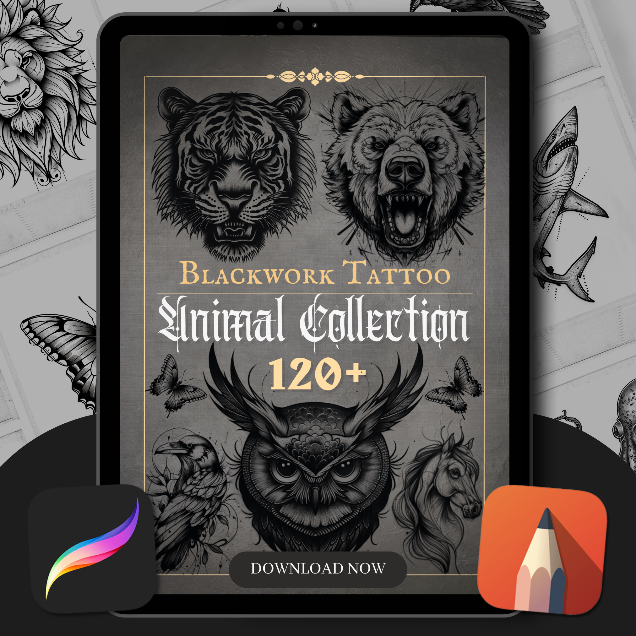 Blackwork Animals Flash Stamp Pack – Bold Tattoo Designs for Procreate & Sketchbook