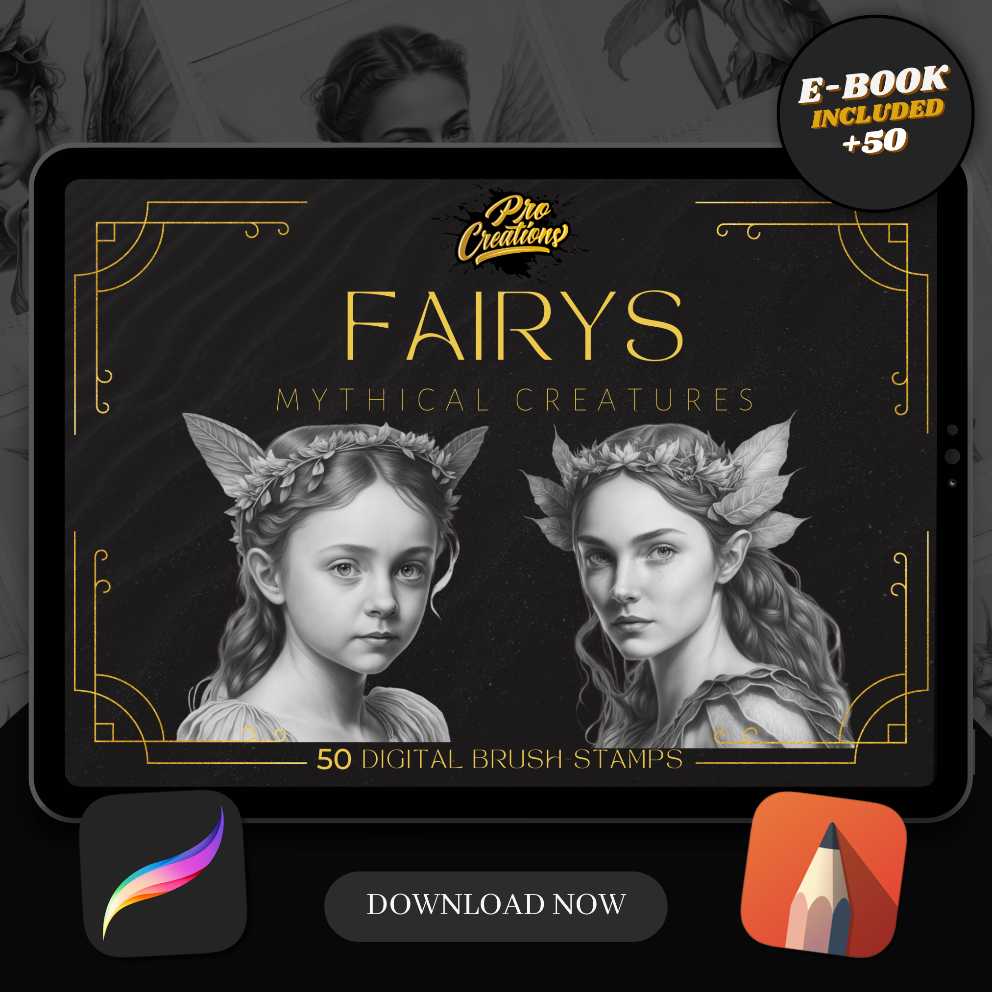 Colección de diseño digital Fairies: 50 imágenes de Procreate y Sketchbook