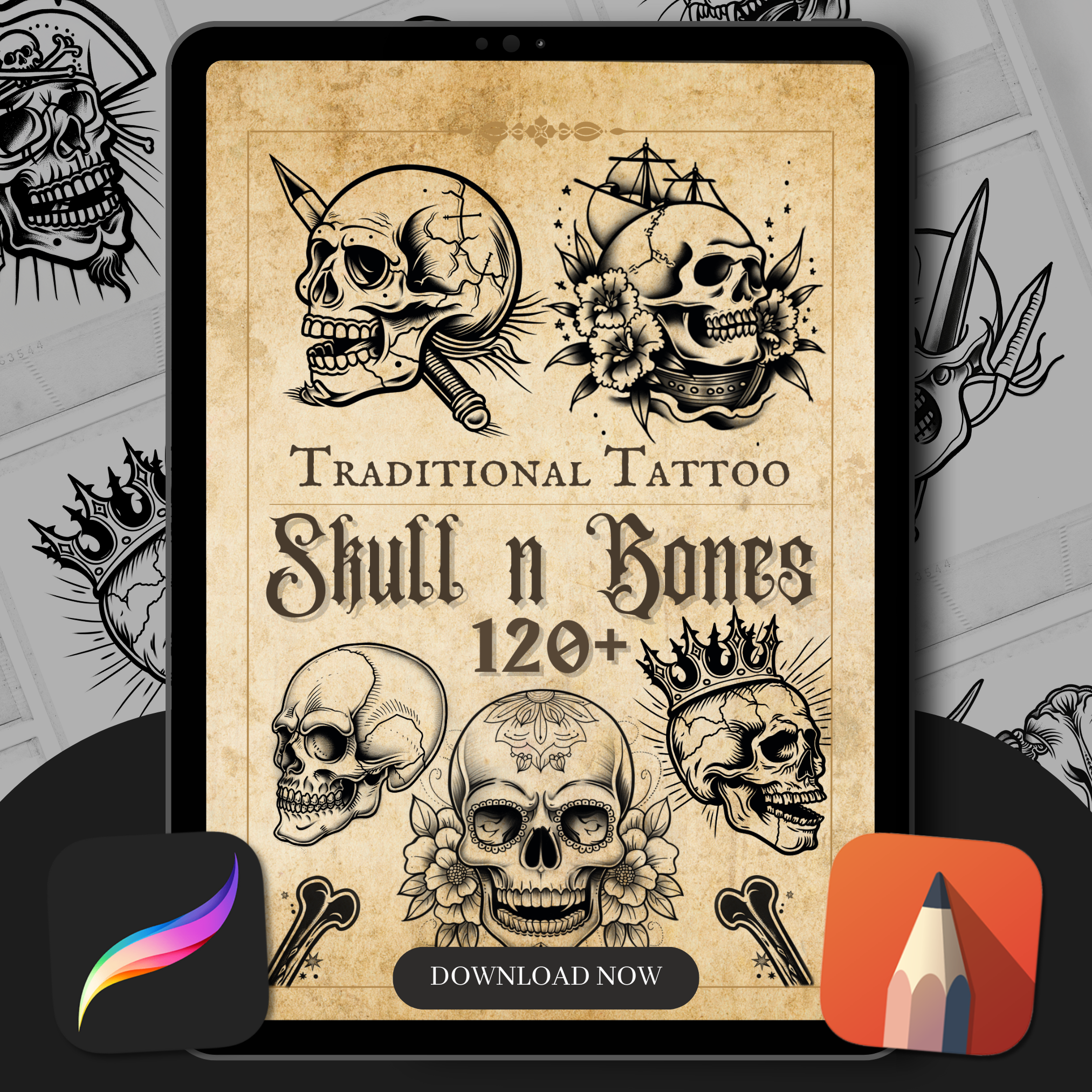 Traditional Skull and Bones Flash Stamp Pack – Bold Skull Tattoo Designs for Procreate & Sketchbook