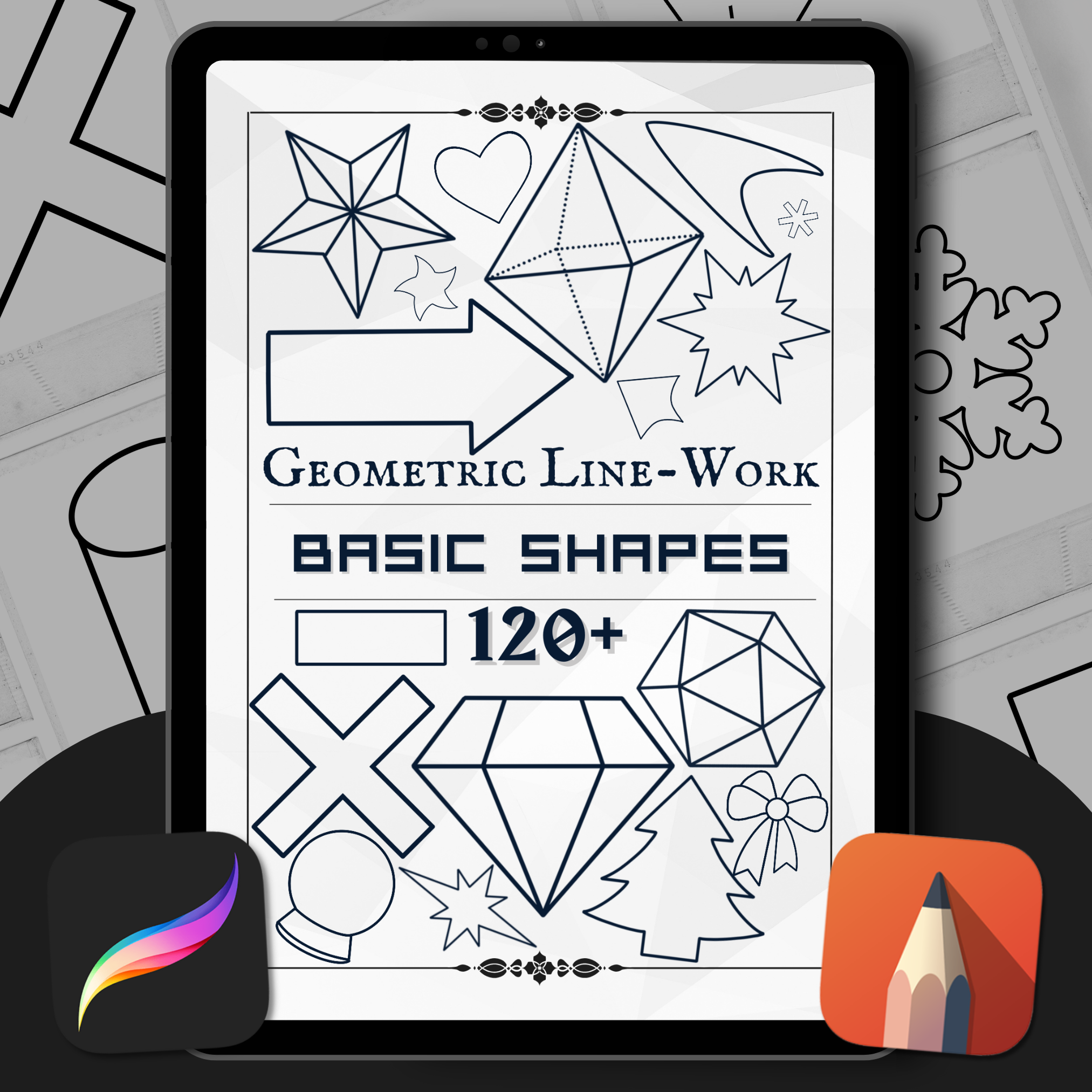 Geometrische Grundformen Procreate Flash Stempelset – 120 grundlegende Designs für Künstler