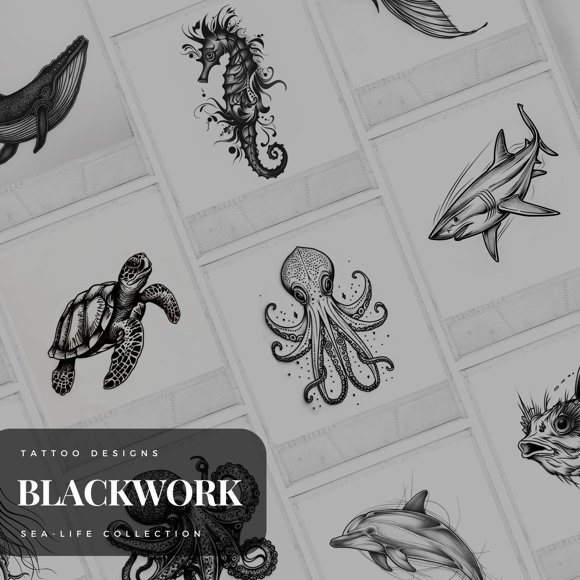 Blackwork Sea Life Flash Stamp Pack – Bold Ocean-Inspired Tattoo Designs for Procreate & Sketchbook