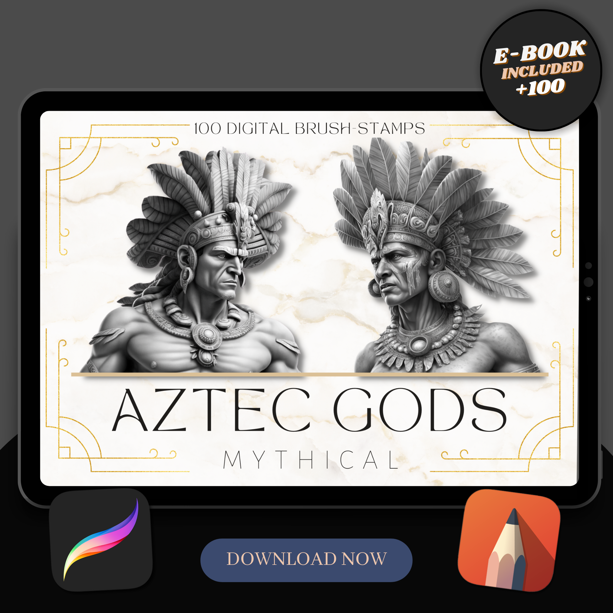 Colección de diseño digital de dioses aztecas: 50 imágenes de Procreate y Sketchbook