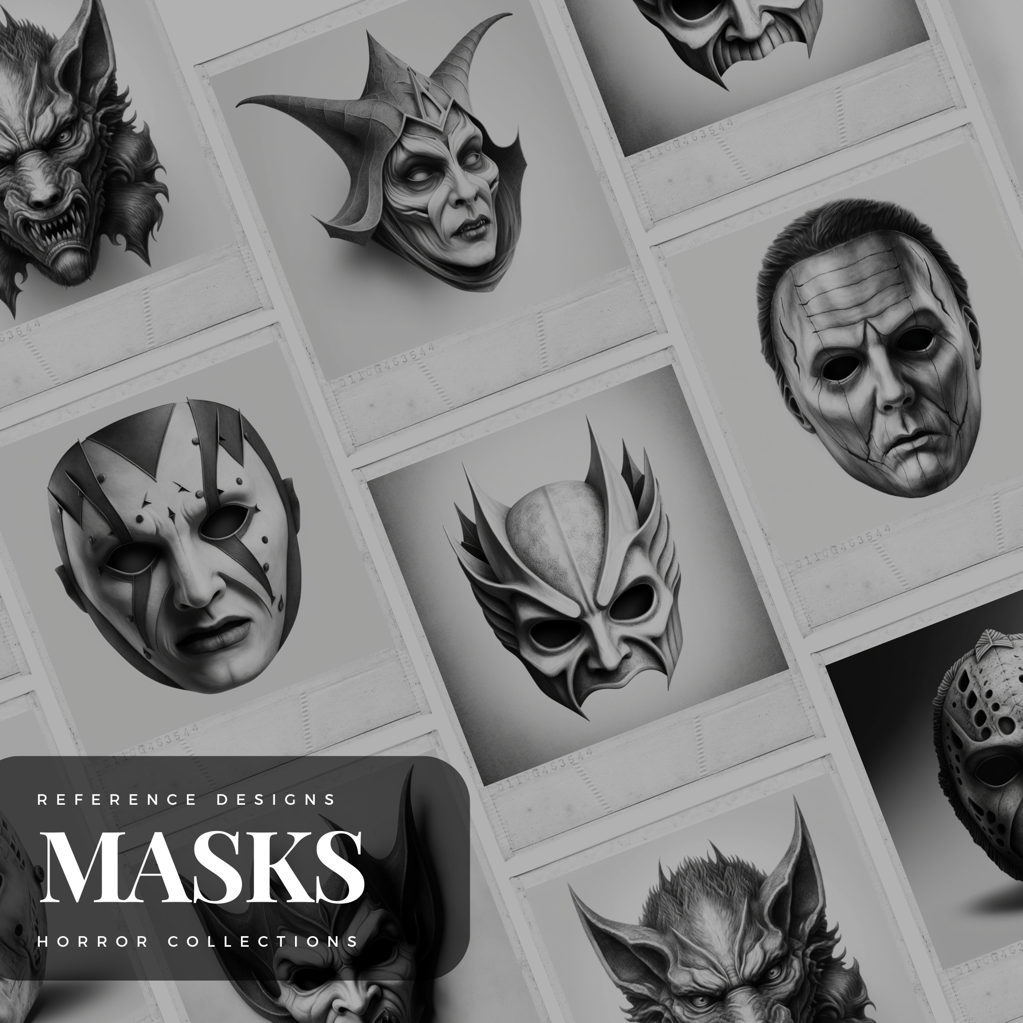 Colección de diseños de referencia digital de máscaras de Halloween: 50 imágenes de Procreate y Sketchbook