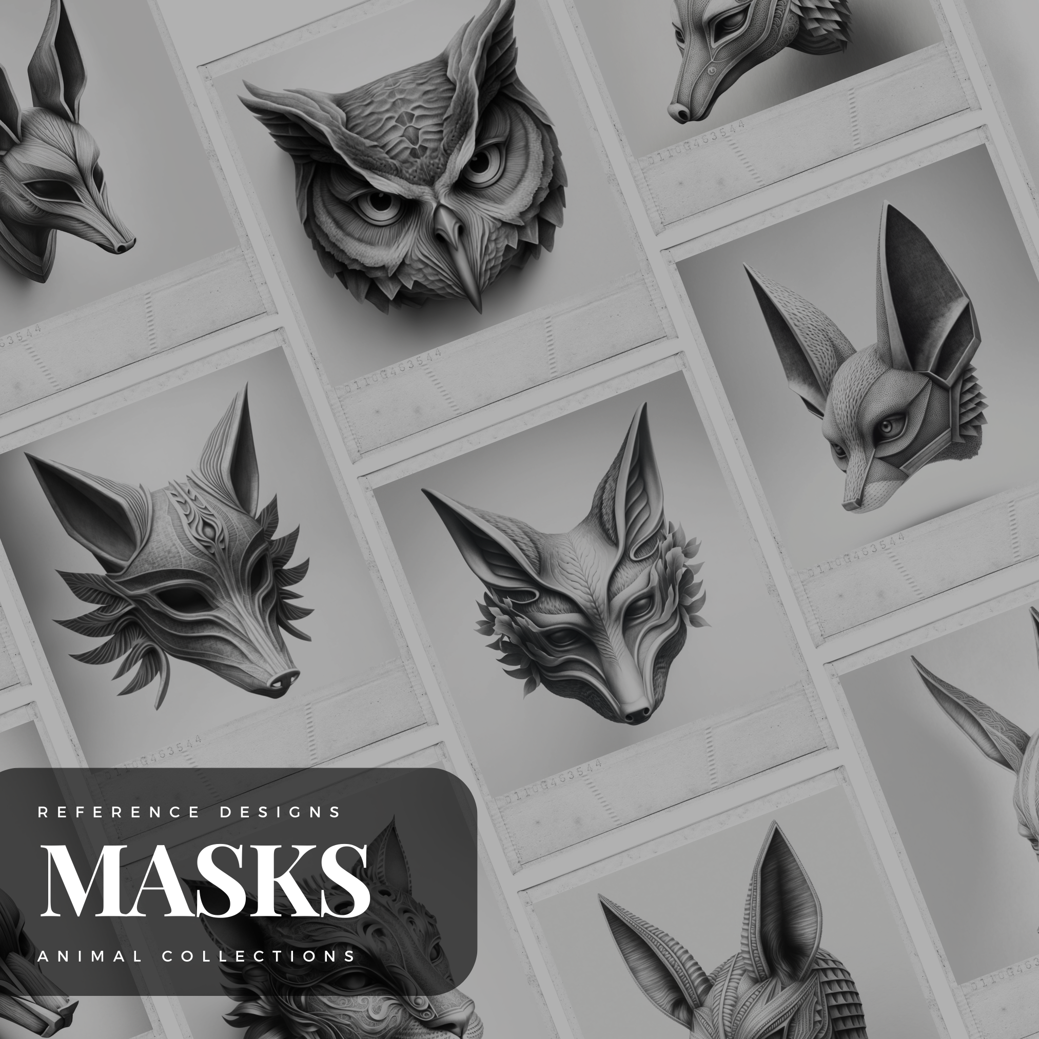 Colección de diseños de referencia digital de máscaras de animales: 50 imágenes de Procreate y Sketchbook