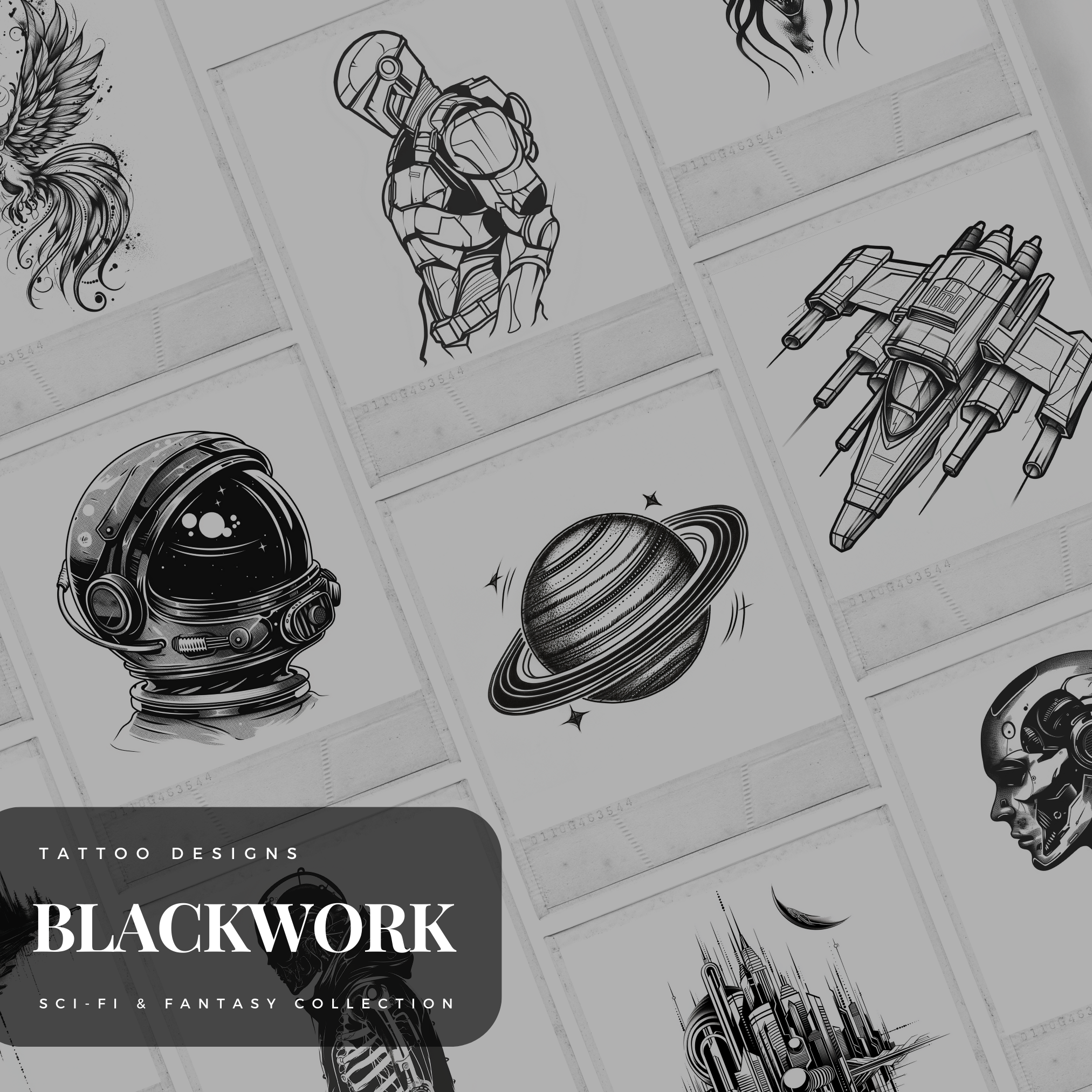 Blackwork Fantasy Sci-Fi Flash Stamp Pack – Futuristic & Mythical Tattoo Designs for Procreate & Sketchbook