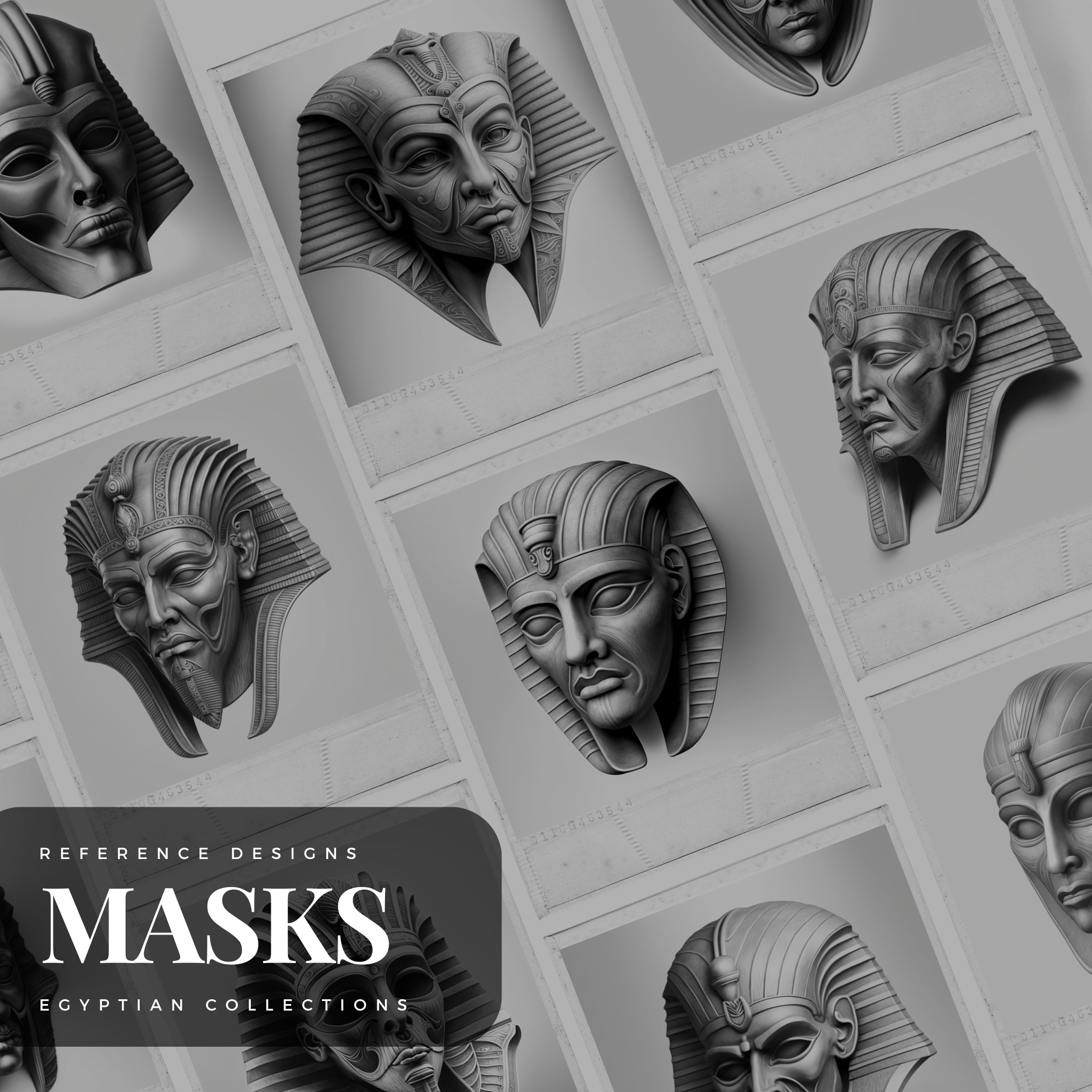 Colección de diseños de referencia digital de máscaras mortuorias egipcias: 50 imágenes de Procreate y Sketchbook
