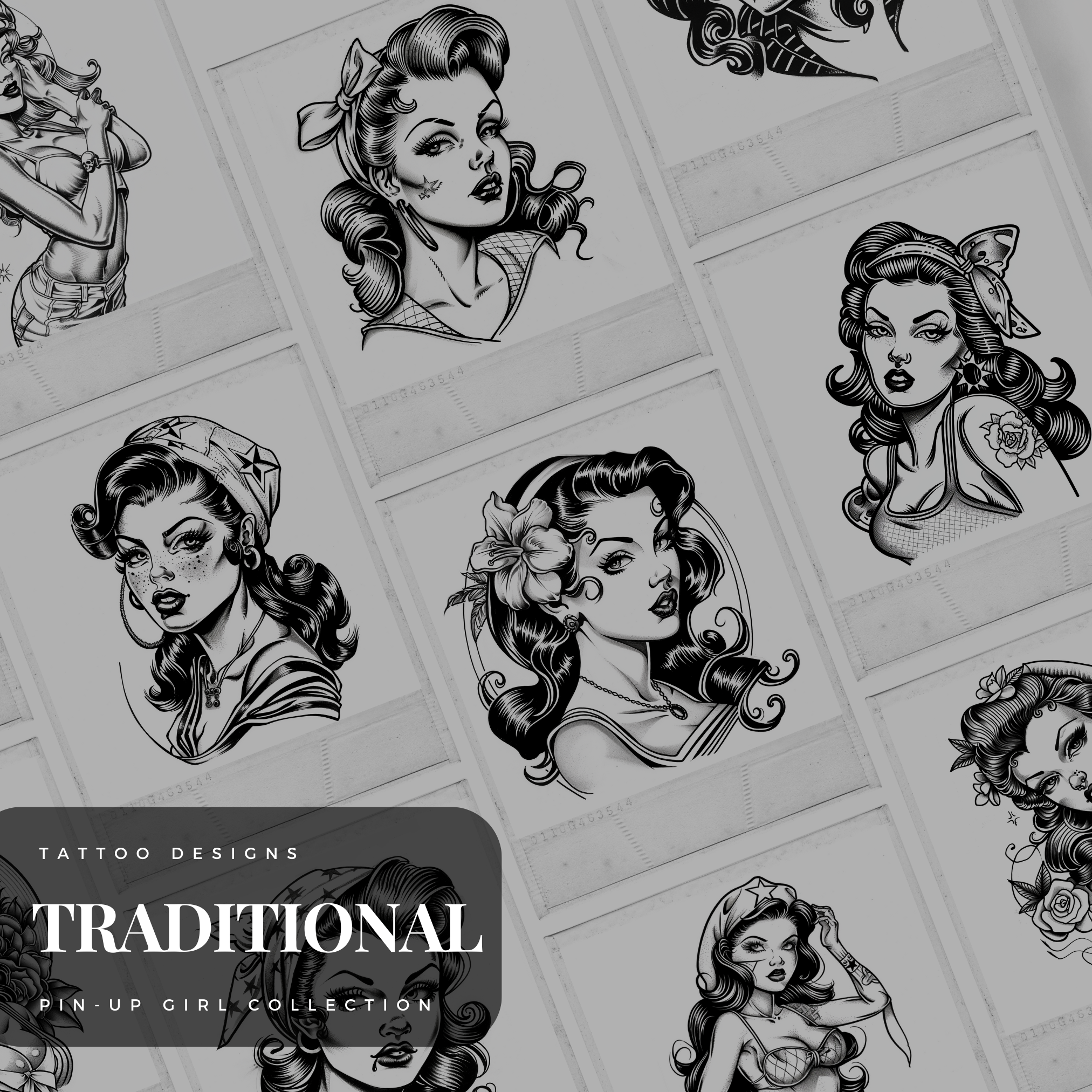 Traditional Pin-Up Girls Flash Stamp Pack – Classic Pin-Up Tattoo Designs for Procreate & Sketchbook