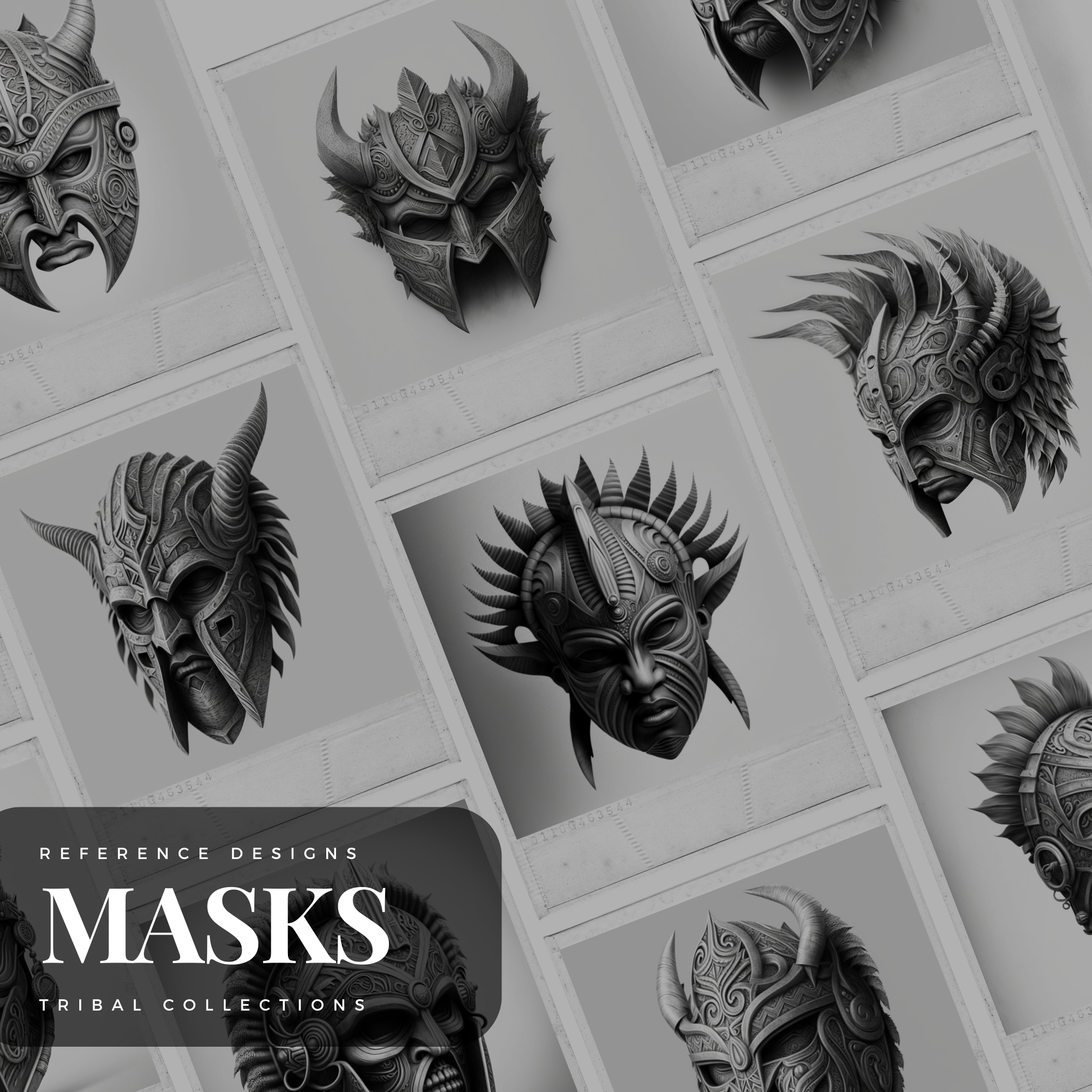 Colección de diseños de referencia digital de máscaras de guerreros tribales: 50 imágenes de Procreate y Sketchbook