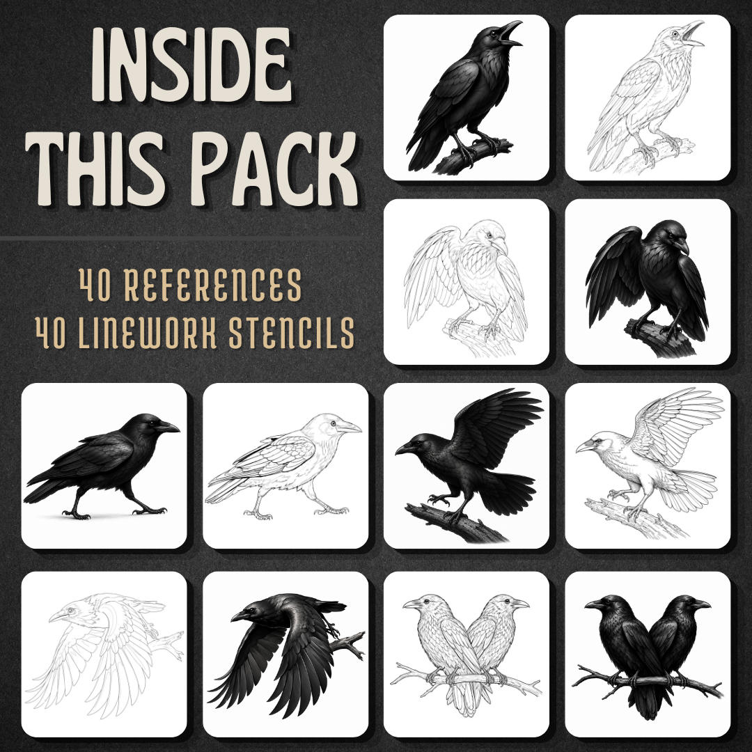 Crows Procreate Brush Set | 40 Tattoo Designs + Stencils