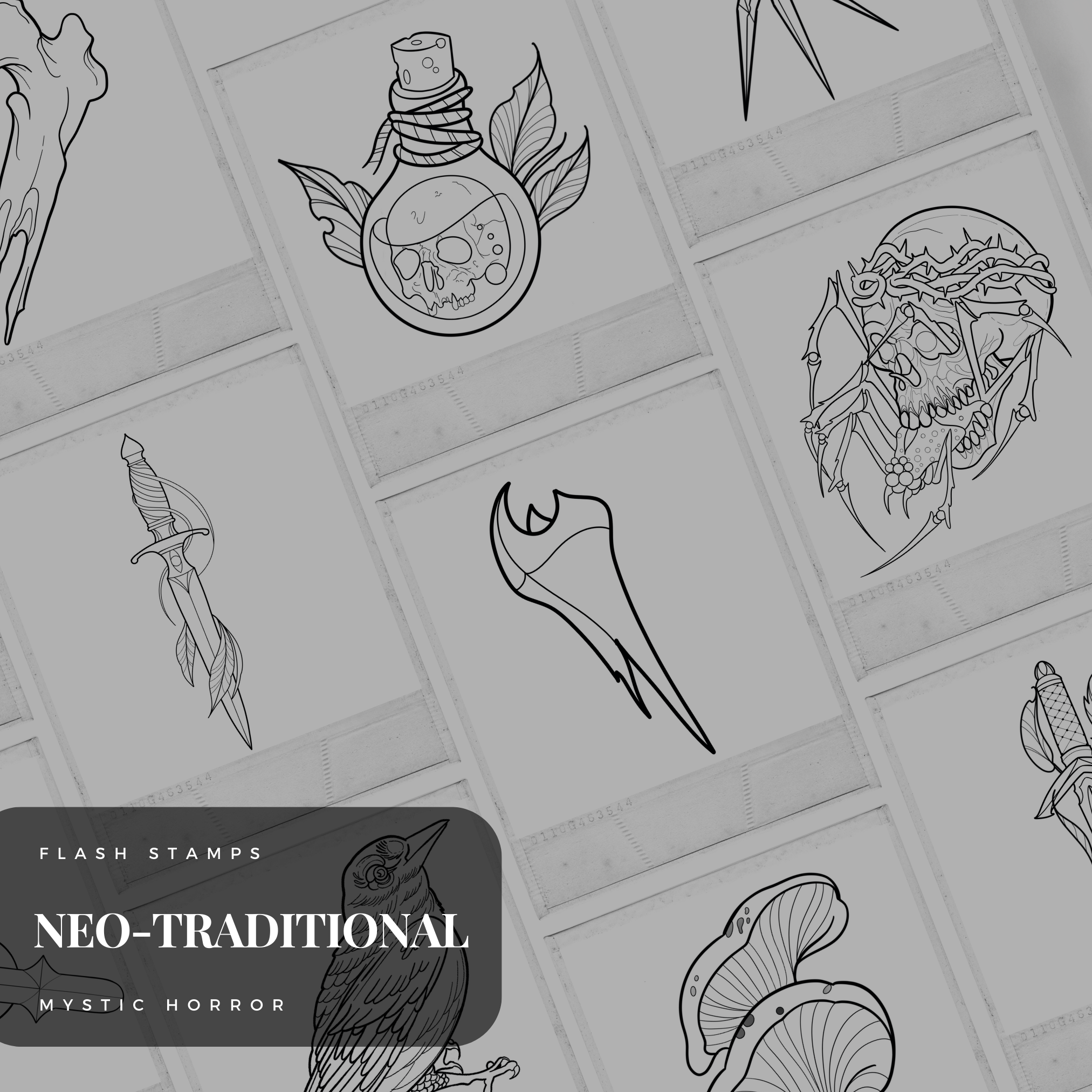 Neo-Traditional Mystic Horror Flash Stamp Pack – Dark & Mysterious Tattoo Designs for Procreate & Sketchbook